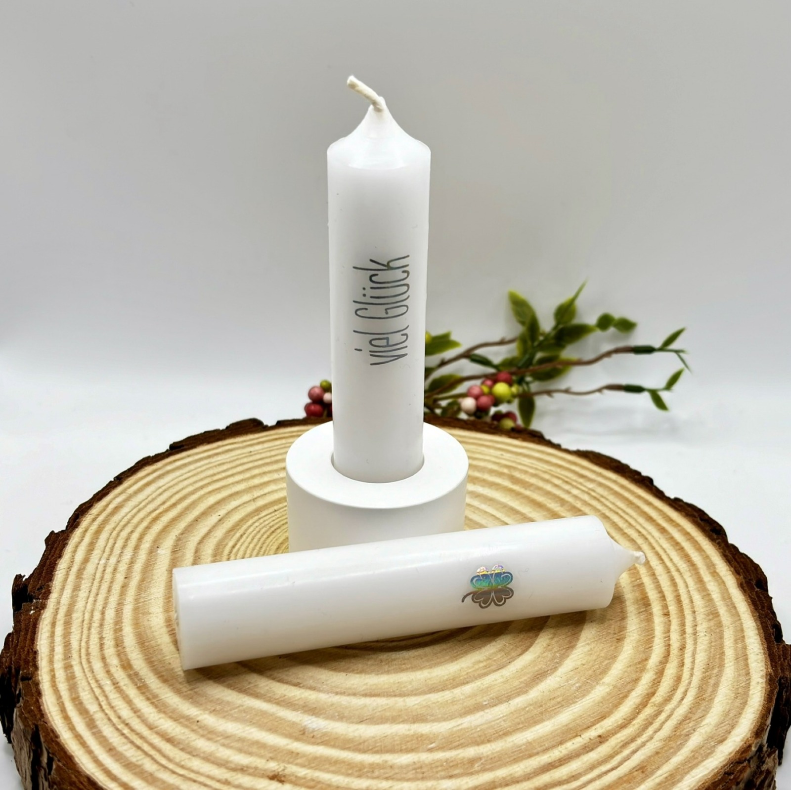 Glücksbringer-Kerzen in Holzbox - Geschenkset mit Kerzenhalter 3