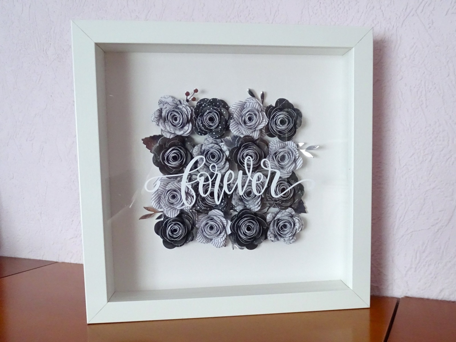 3D-Bilderrahmen Rosen in schwarz-weiß-silber - forever - Geschenk Valentinstag - Hochzeit - Dekorat