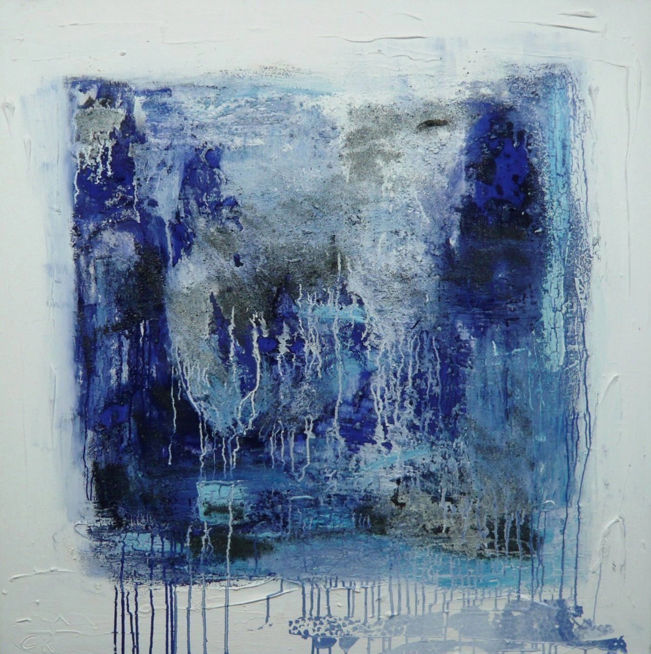 blaues Pigmentbild 120x120x6 cm Acryl Materialbild informele Malerei 2