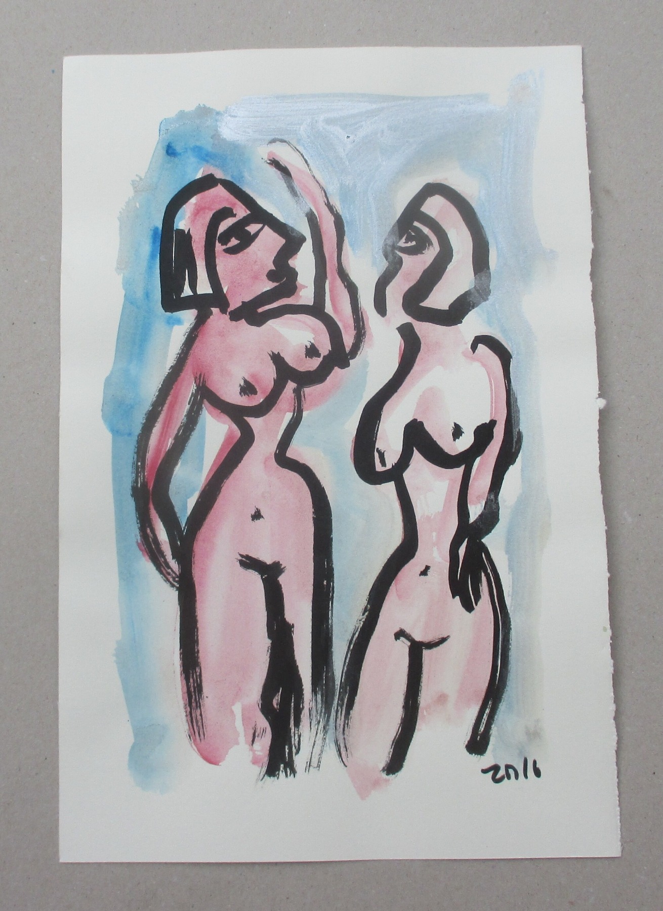 expressive Akte - 2 Original Zeichnungen auf Künstlerpapier 2 Frauen - farbige Tuschen 4