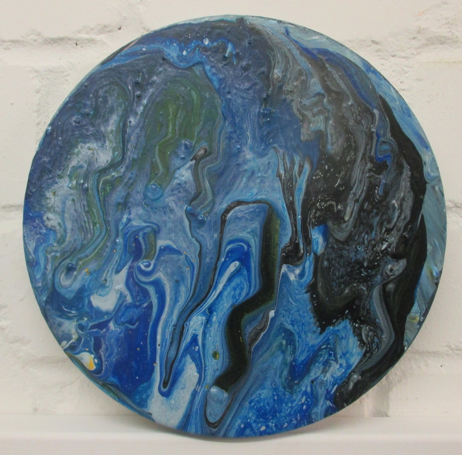Abstraktes Farbfeuer, Original, Malerei, rund 30cm Leinwand, free shipping, blau, acrylpouring,
