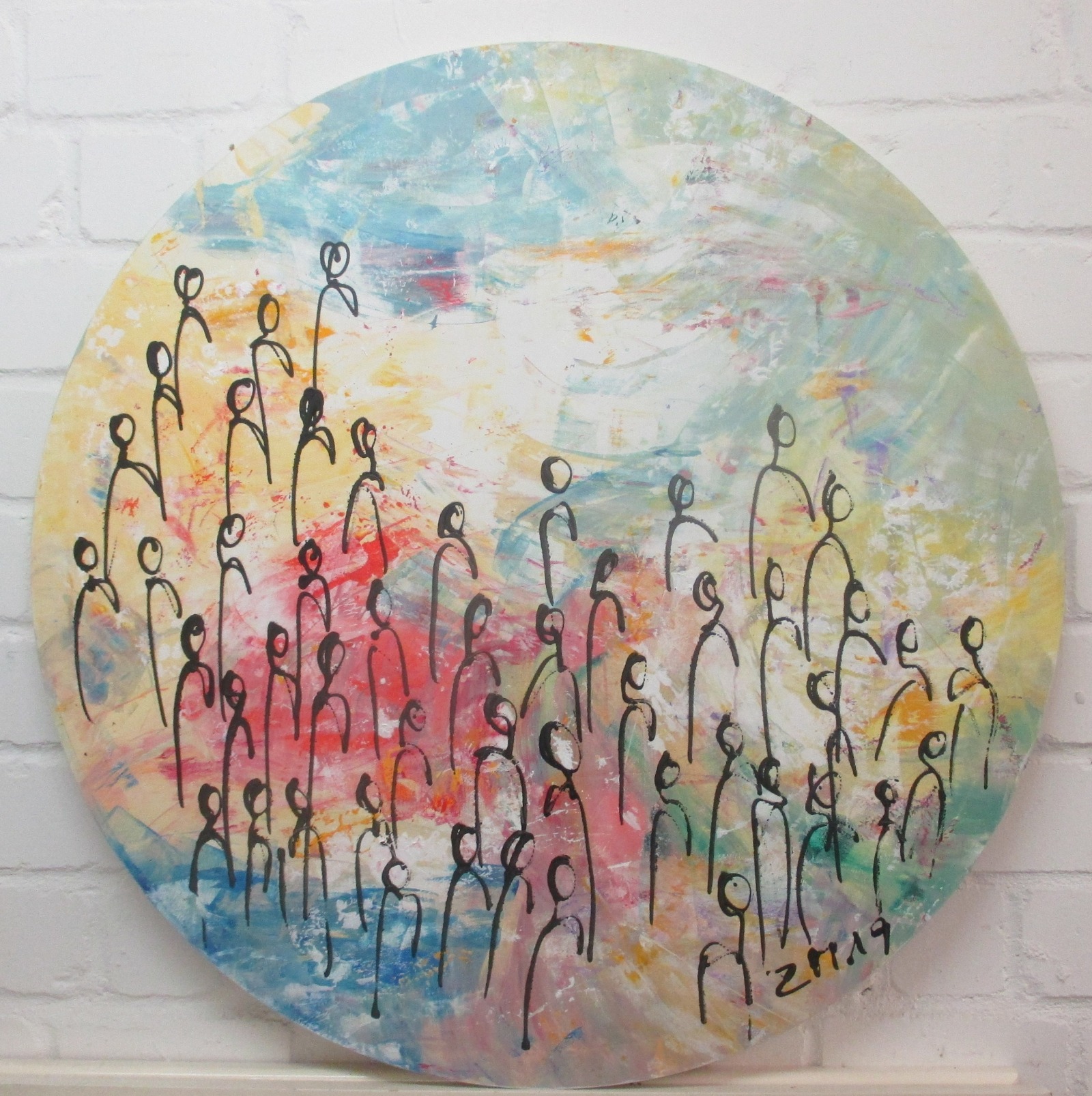 bunte Menschen in Mengen , Original Malerei, rund 100cm Leinwand, abstrakte Kunst, Regenbogen 2