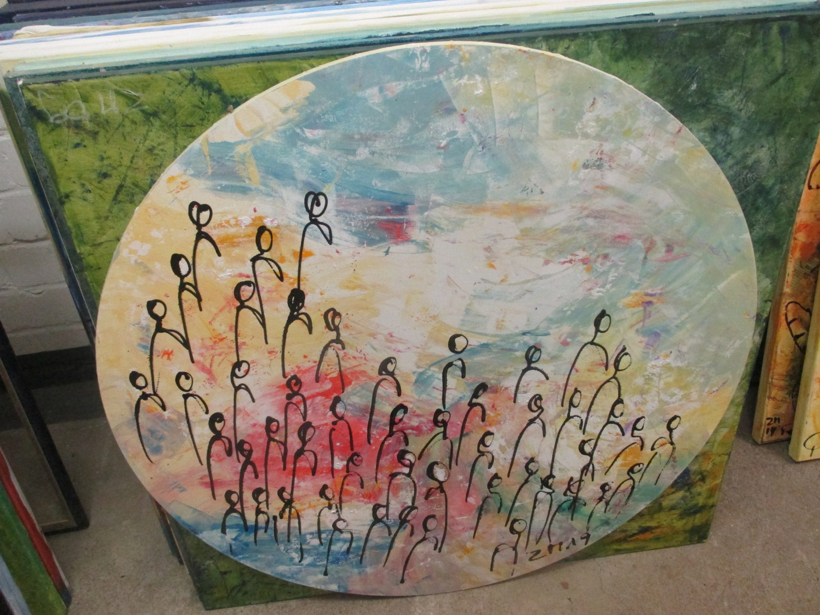 bunte Menschen in Mengen , Original Malerei, rund 100cm Leinwand, abstrakte Kunst, Regenbogen 4