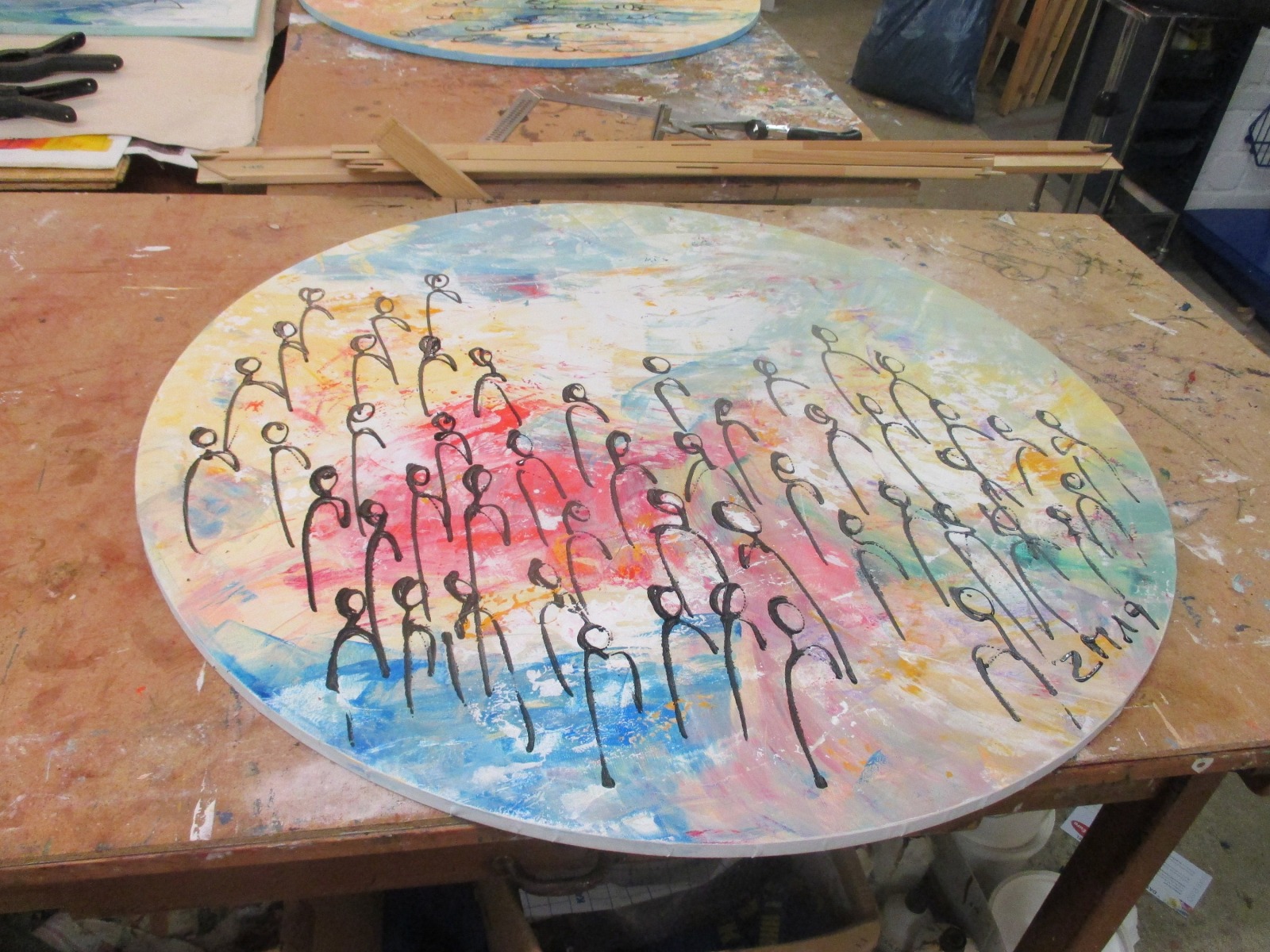 bunte Menschen in Mengen , Original Malerei, rund 100cm Leinwand, abstrakte Kunst, Regenbogen 5