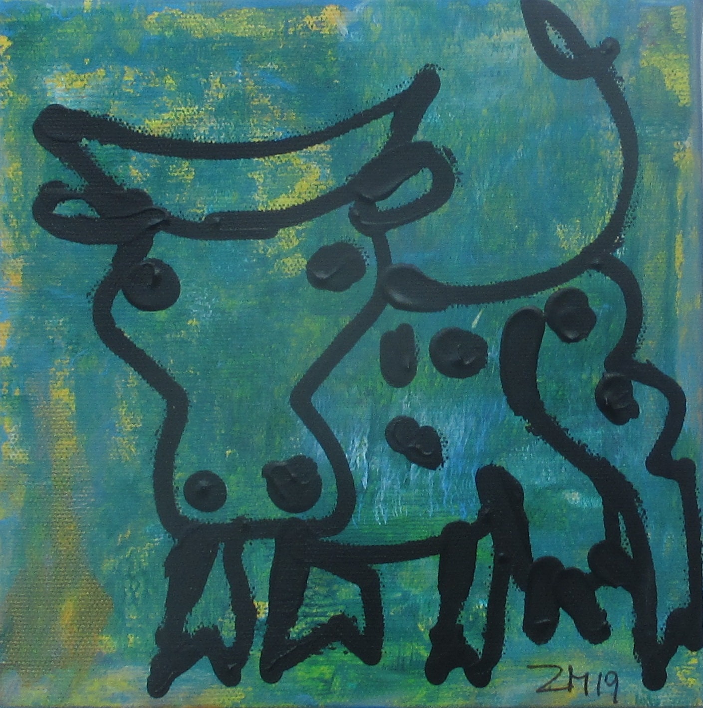 kleine blaue Kuh Original-Zeichnung Acryl Leinwand / Zeichnung free shipping catart 6