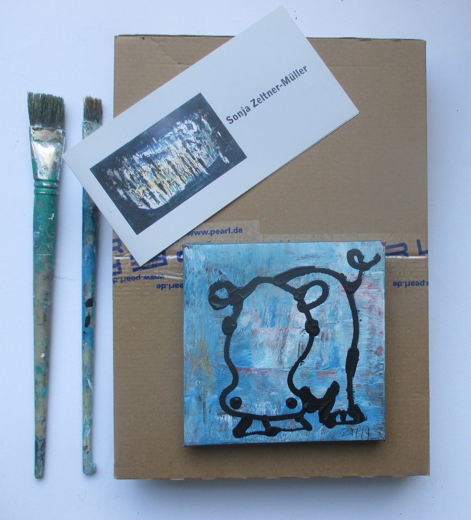 kleine blaue Kuh Original-Zeichnung Acryl Leinwand / Zeichnung free shipping catart 7