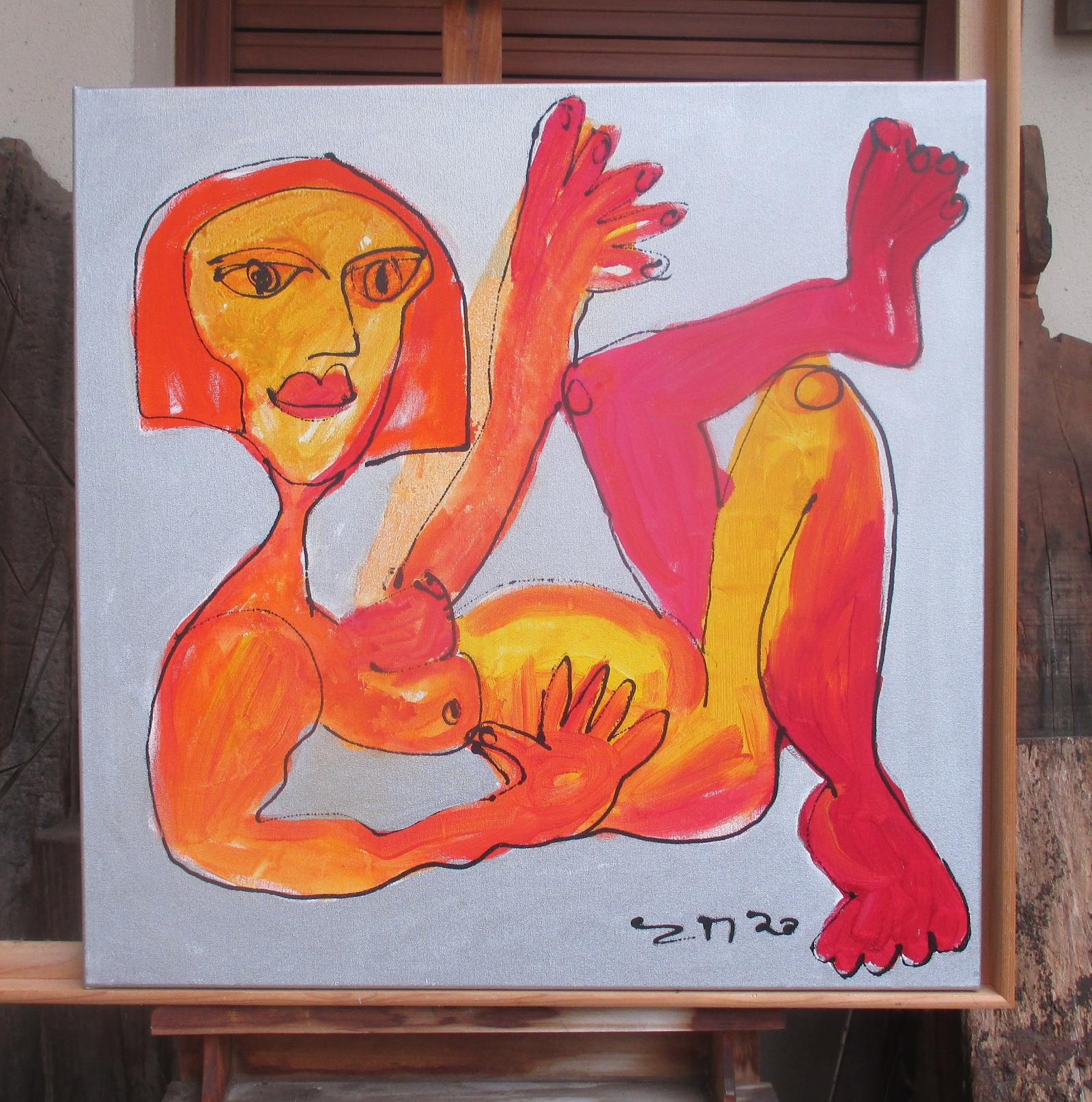 orange girl Frauenportrait expressiv gezeichnet 70x70 cm Acrylmalerei Malerei gelb pink 3