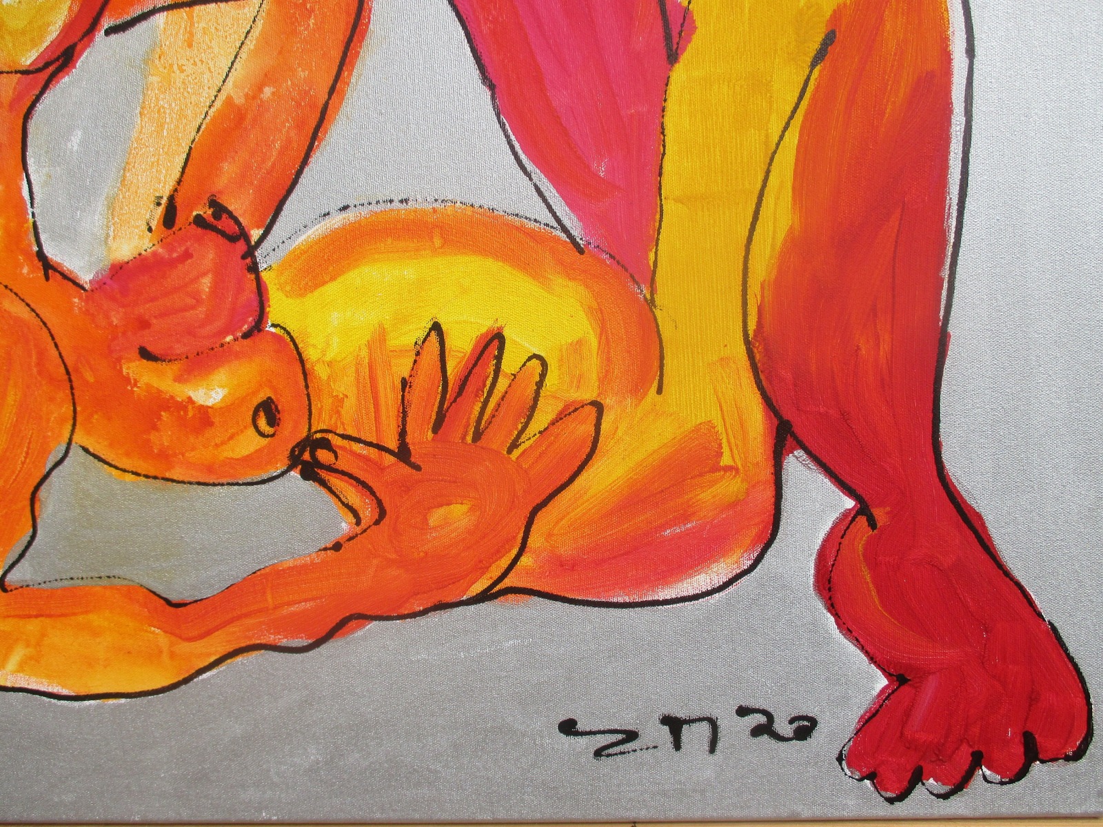 orange girl Frauenportrait expressiv gezeichnet 70x70 cm Acrylmalerei Malerei gelb pink 6