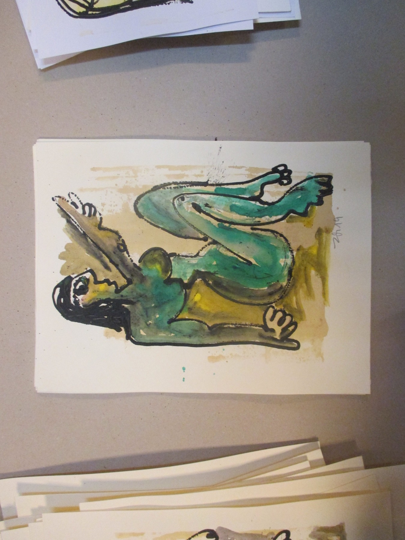 Mädchen in smaragdgrün Zeichnung 30x21 Feder-Zeichnung Aquarell Tusche Wandkunst 3
