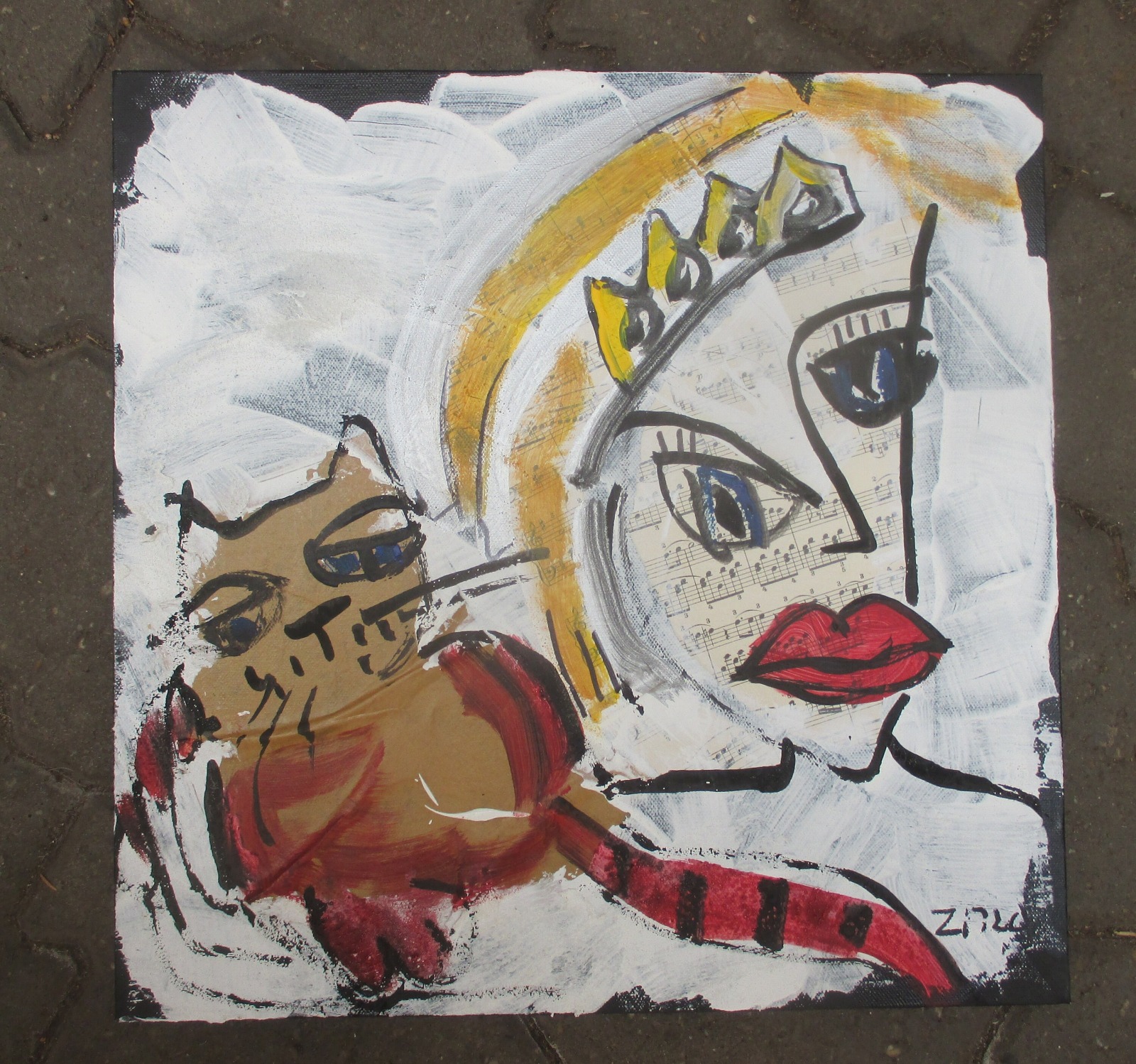 Königin mit Katze expressives Portrait auf Leinwand Collage und Acryl 40x40 cm 3