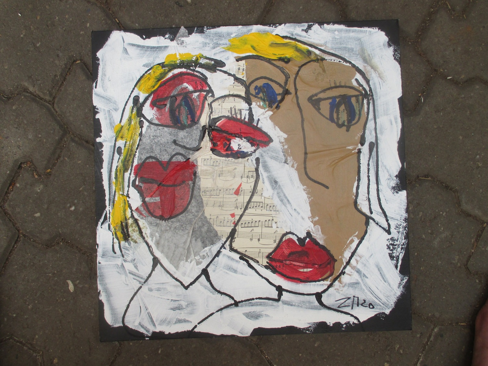 2 expressive Frauen Portraits Acrylmalerei Collage auf Leinwand 40x40 cm 2