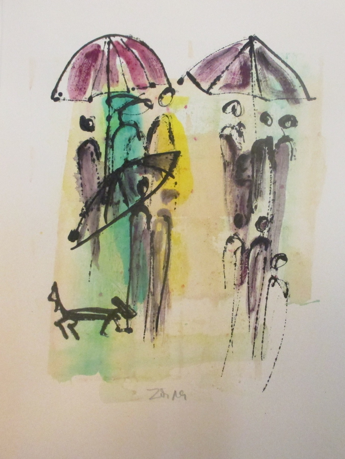 Sommerregen mit Hund Zeichnung 30x21 Feder-Zeichnung Aquarell Tusche Landschaft