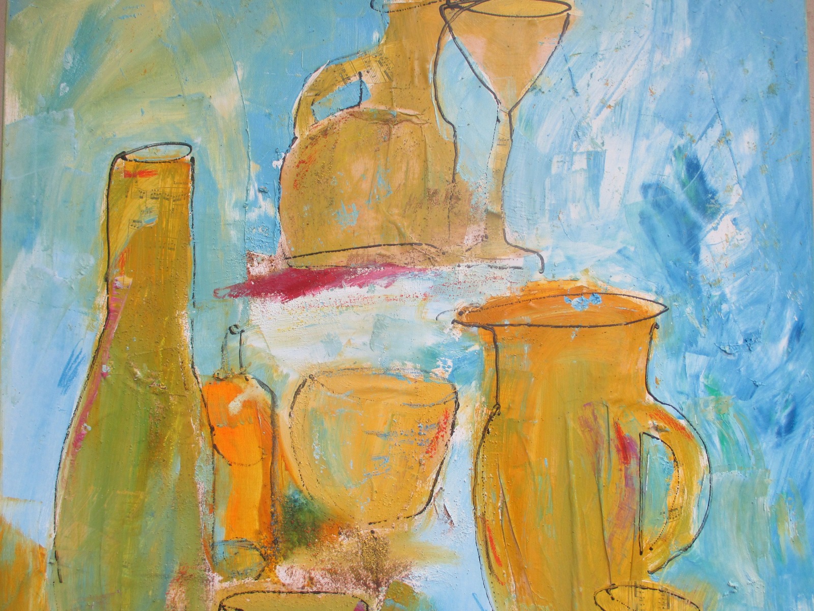 Küchenbild Flaschen und Krüge Original abstrakt Acryl aufLeinwand xl 120x90cm 3
