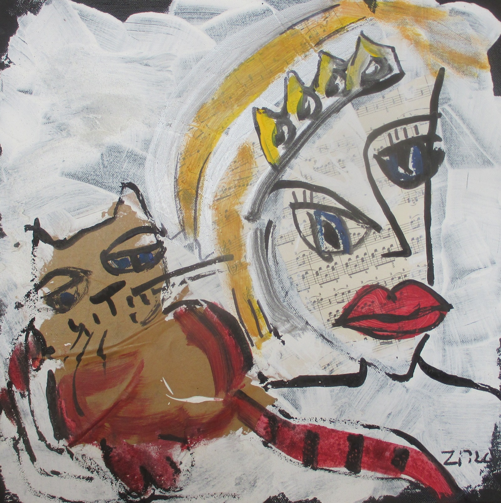 Königin mit Katze expressives Portrait auf Leinwand Collage und Acryl 40x40 cm