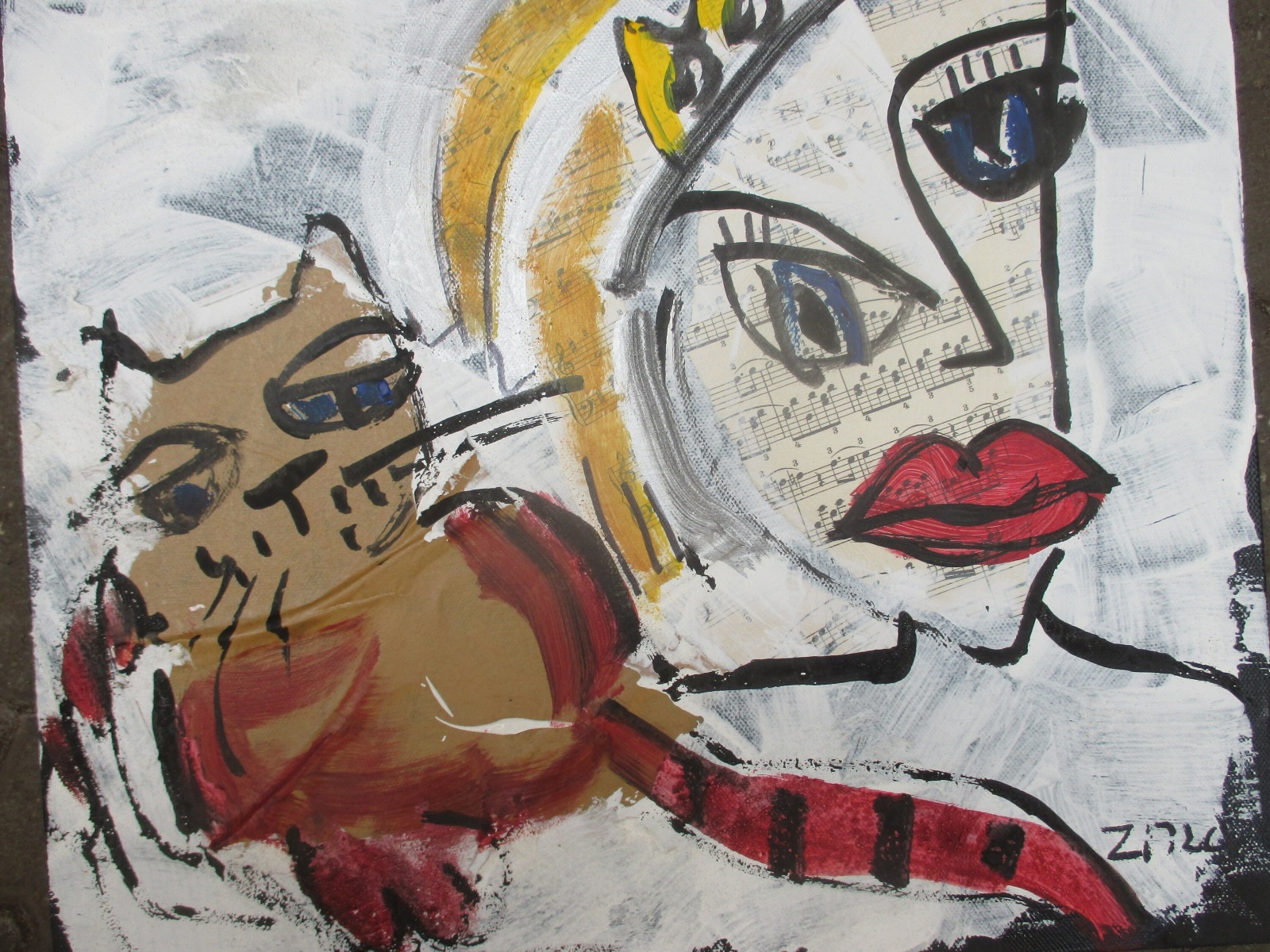 Königin mit Katze expressives Portrait auf Leinwand Collage und Acryl 40x40 cm 6