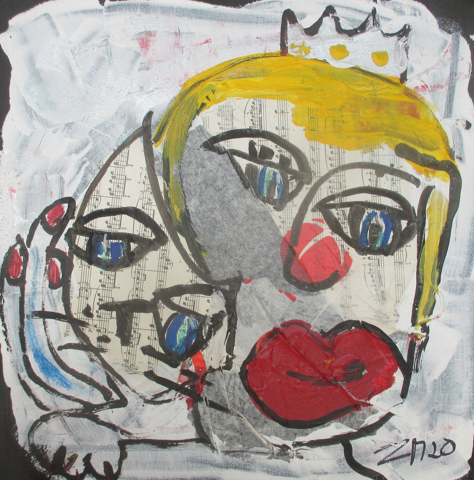 expressive Königin mit Katze Collage schwarze Leinwand Acrylmalerei 40x40 cm 3