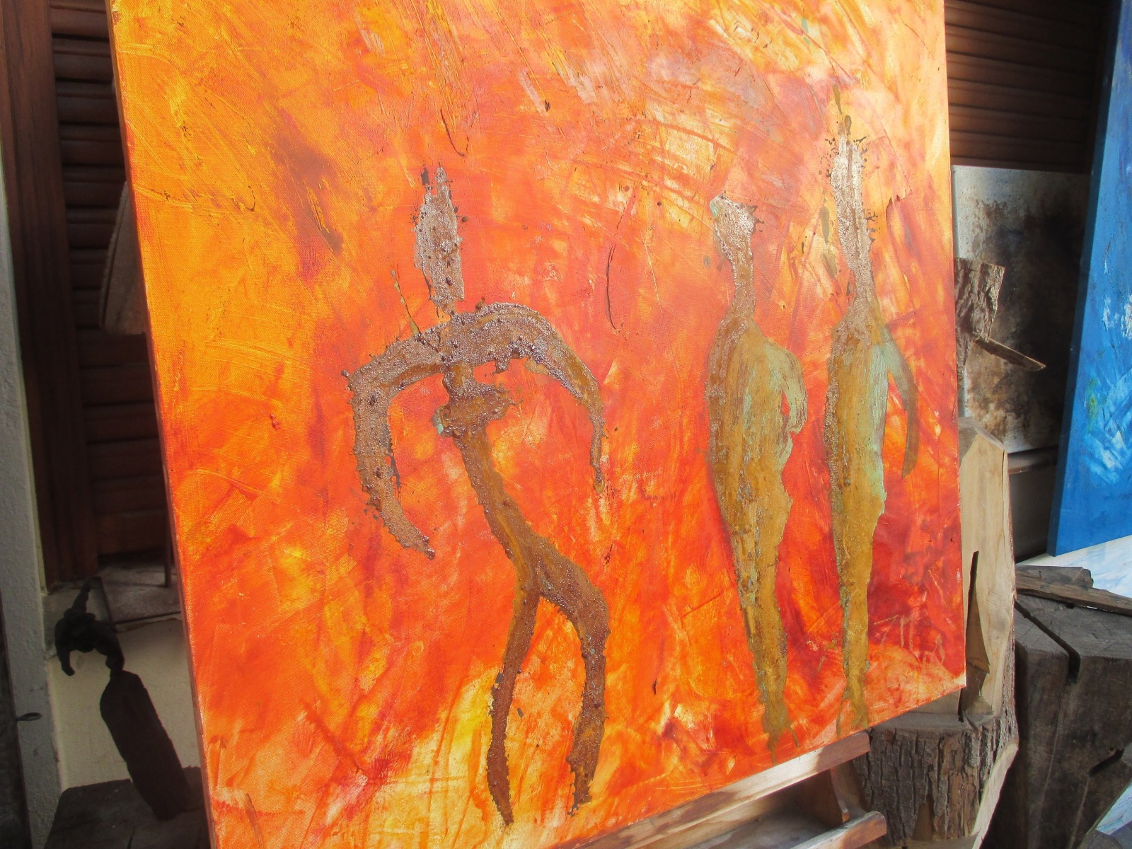 Abstrakte Tänzer Rost Orange Feuer 80x80 cm Oelmalerei expressive informele Malerei 5