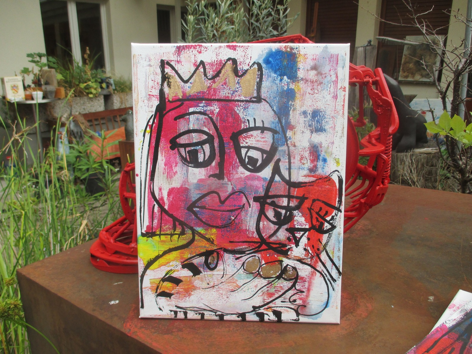 expressive Königin mit Katze, Leinwand / Zeichnung 40x30 cm auf Leinwand original 2