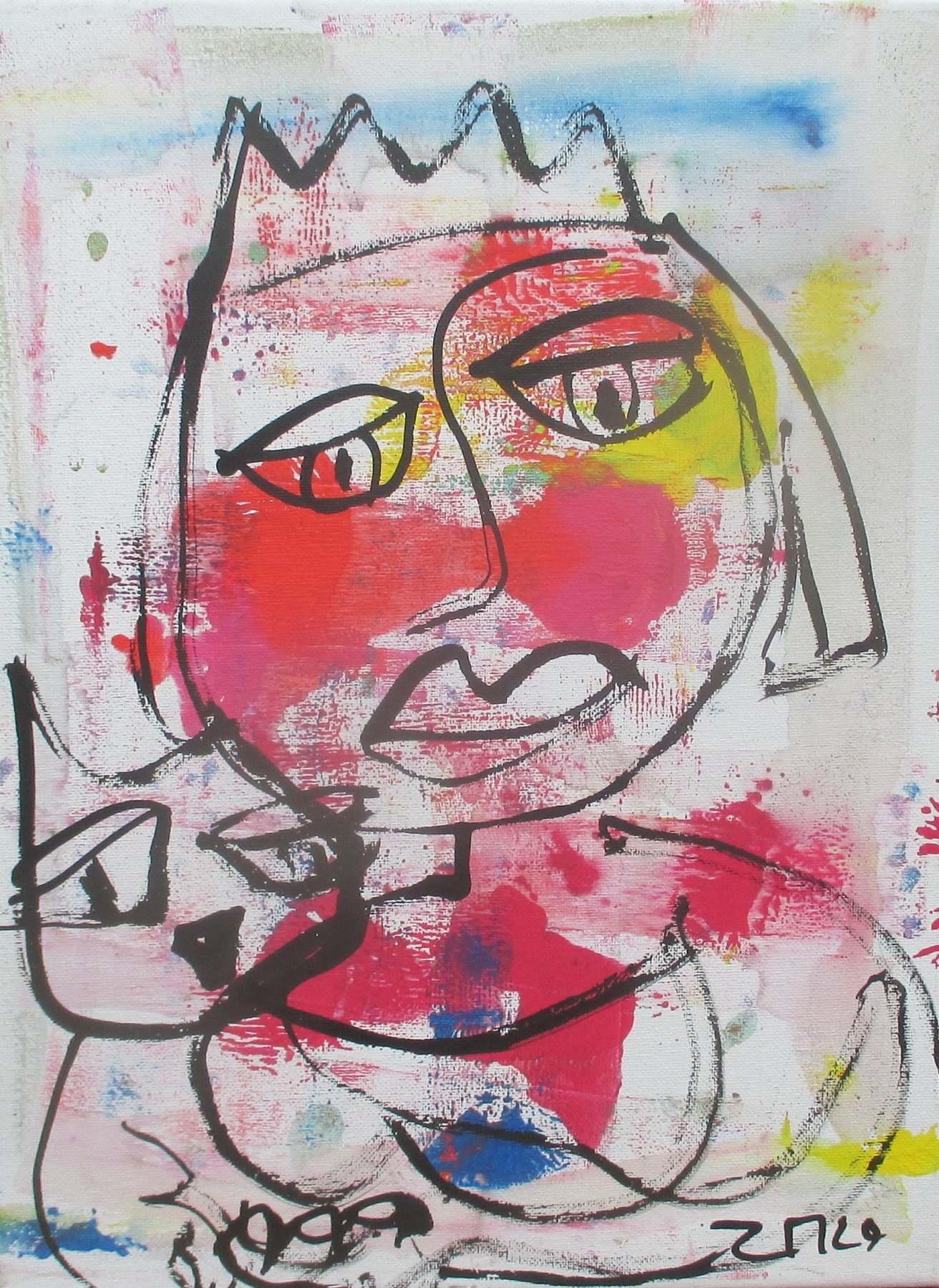 expressive Königin mit Katze, Leinwand / Zeichnung 40x30 cm auf Leinwand original 3