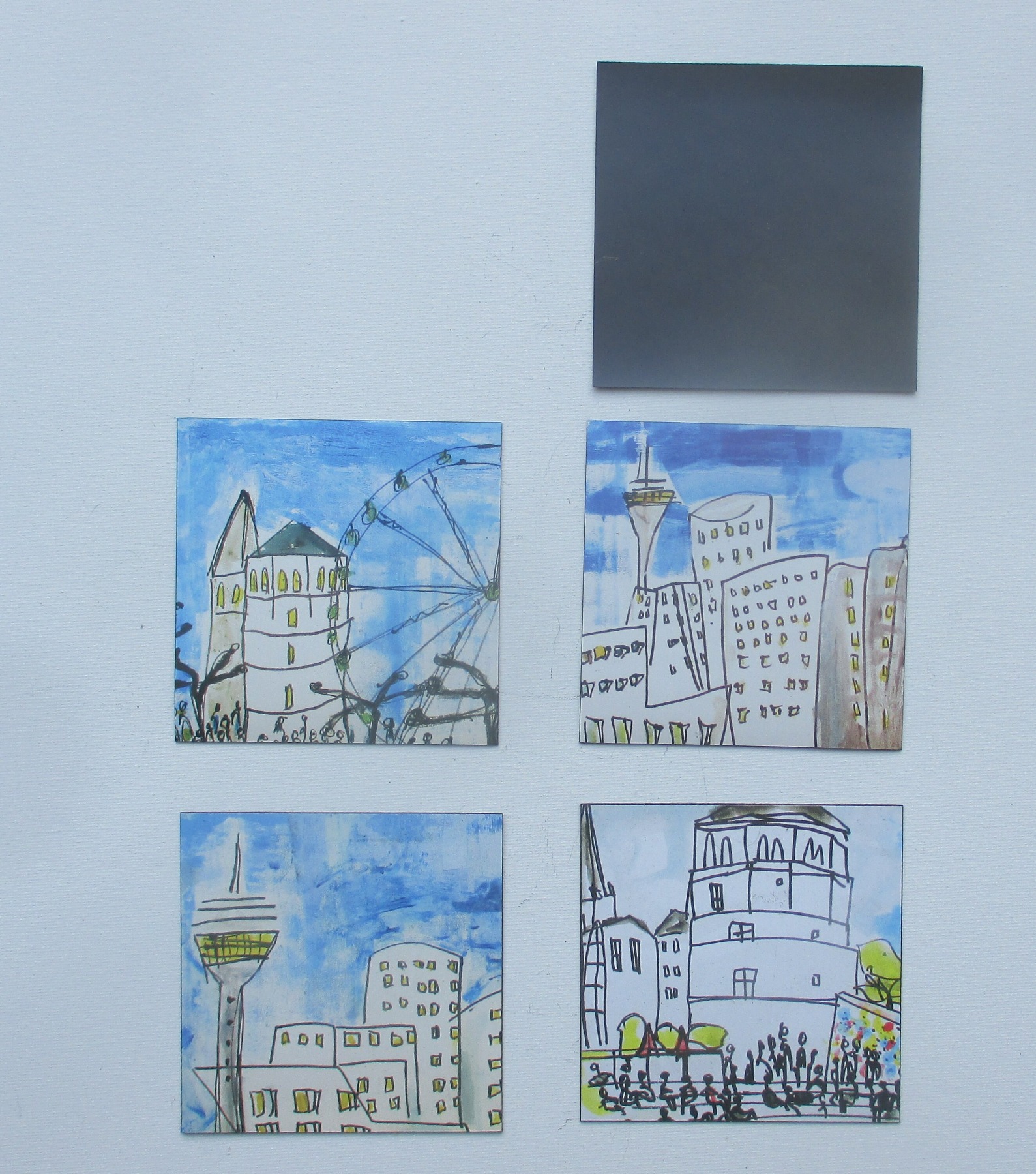 6 Düsseldorf -Szenen Burgplatz Turm je 10x10 cm auf Magneten gedruckt - signiert/x/10 numeriert