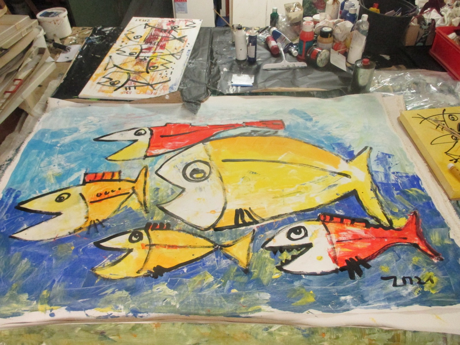 lustige Fische, Original, Malerei, 100x50cm Leinwand Kunst 9
