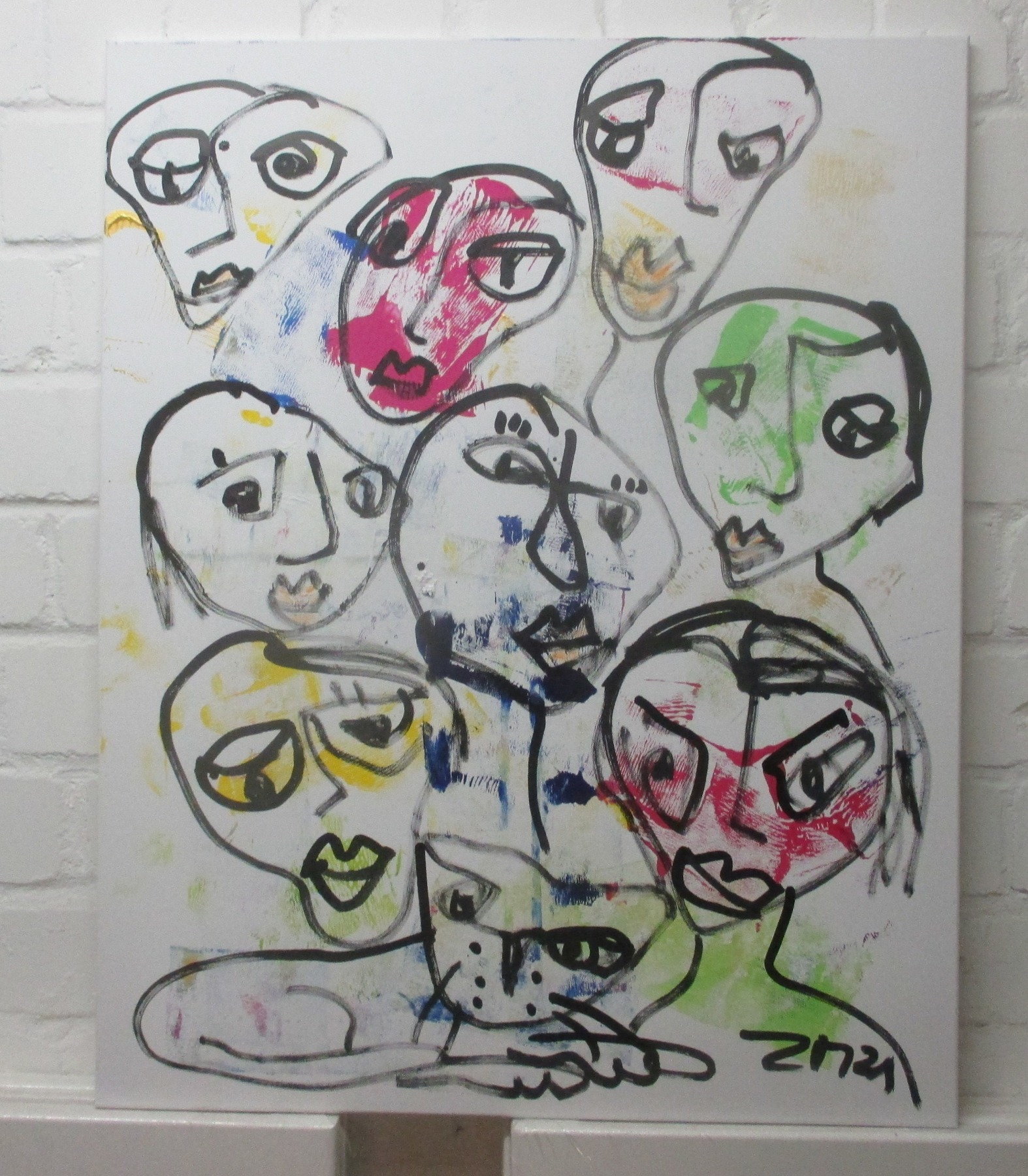Gesichter Original Zeichnung Acryl / Leinwand / 80x100 cm Menschen Kommunikation 3