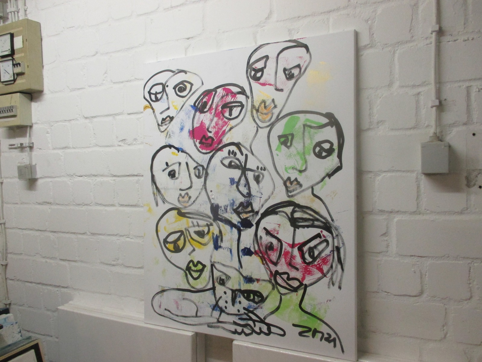 Gesichter Original Zeichnung Acryl / Leinwand / 80x100 cm Menschen Kommunikation 4