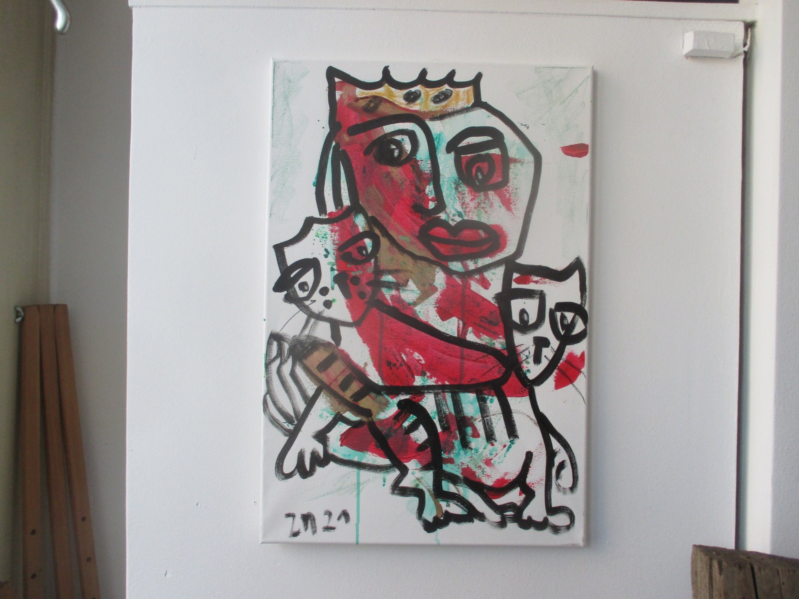 expressive rote Königin mit Katze, Leinwand / Zeichnung 40x60 cm auf Leinwand original 3