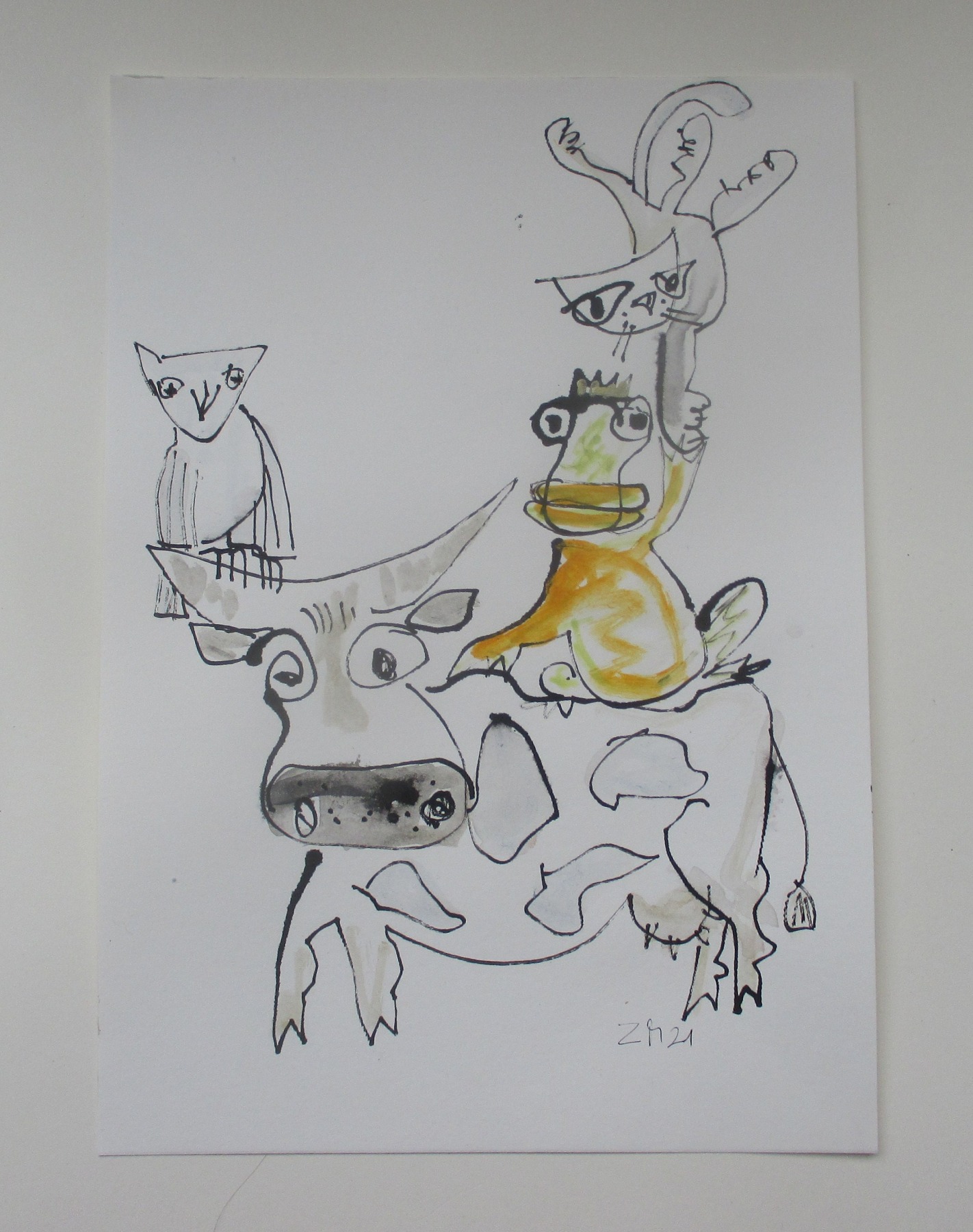 Tiere Kuh, Frosch, Katze, Eule - Zeichnung DinA4 original Din A4 Feder-Zeichnung Aquarelle 3