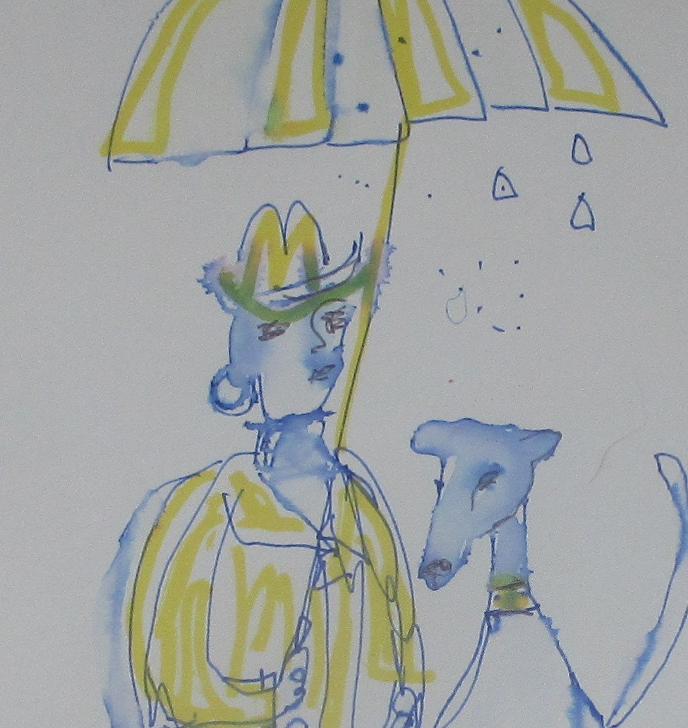 Gassi mit Hund im Regen - Zeichnung DinA4 original Din A4 Feder-Zeichnung Aquarelle 4
