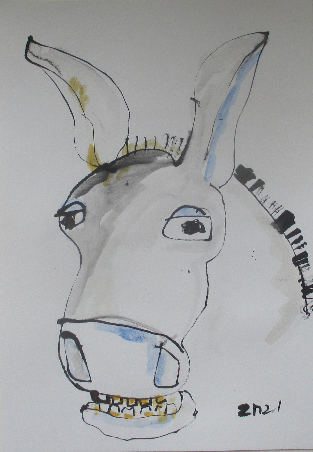 Esel- Original Zeichnung auf Künstlerpapier -30x21 cm mit Bambusfeder - farbige Tuschen