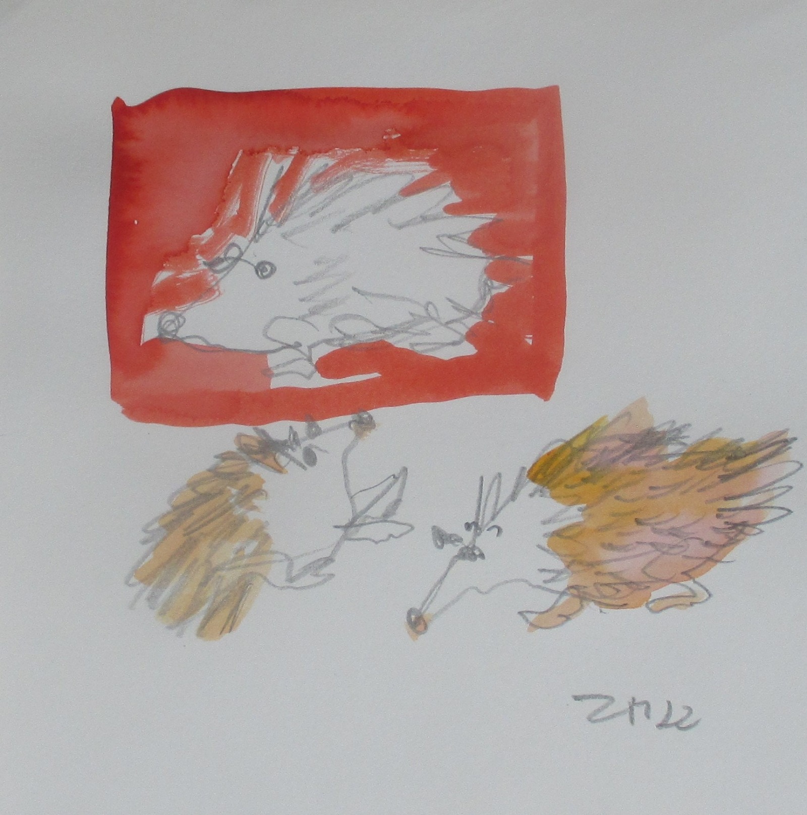 4 x wilde Frösche, Igel, Fische expressive Original Zeichnungen auf Papier Tusche 4x20x20 cm 5