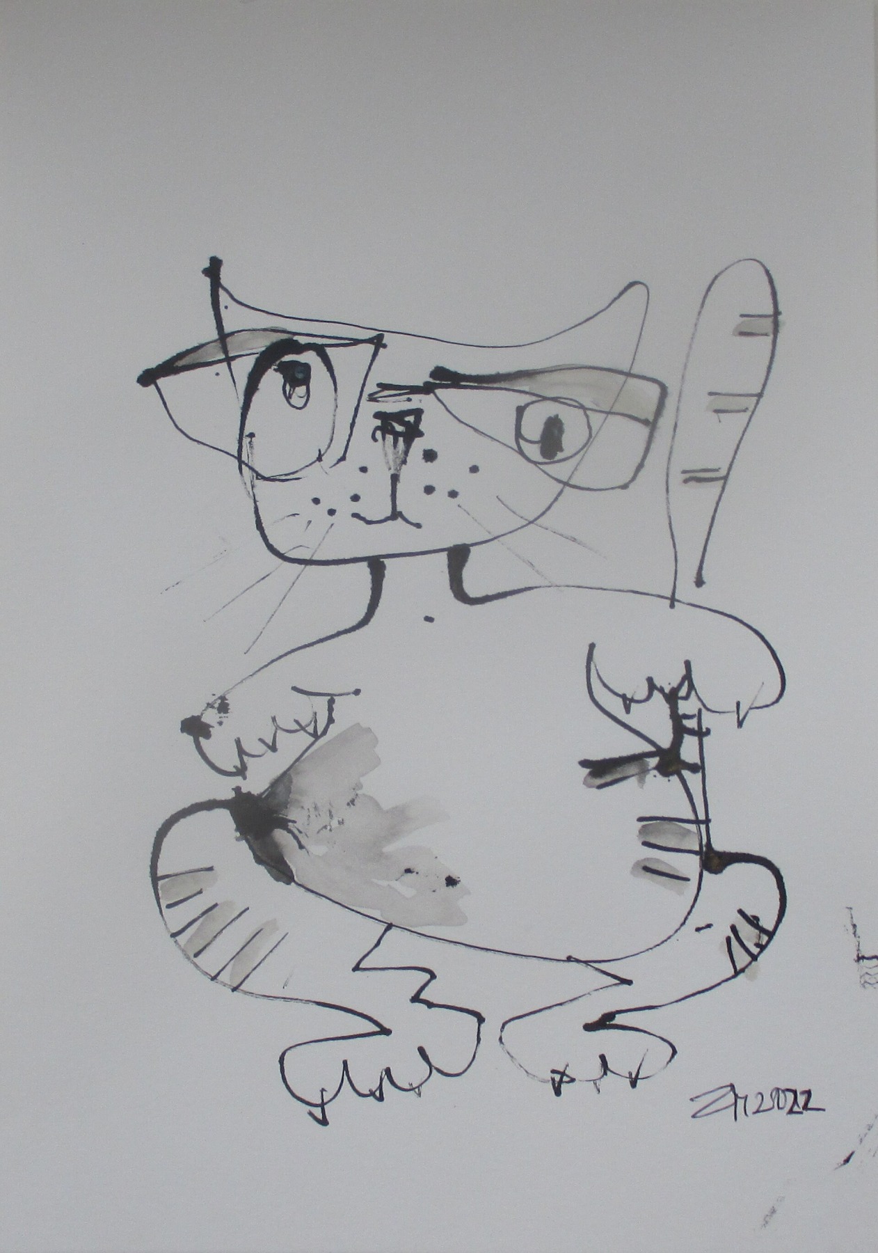 grau gestreifte Katze individualisierbar Zeichnung 30x21 Feder-Zeichnung Aquarell 2