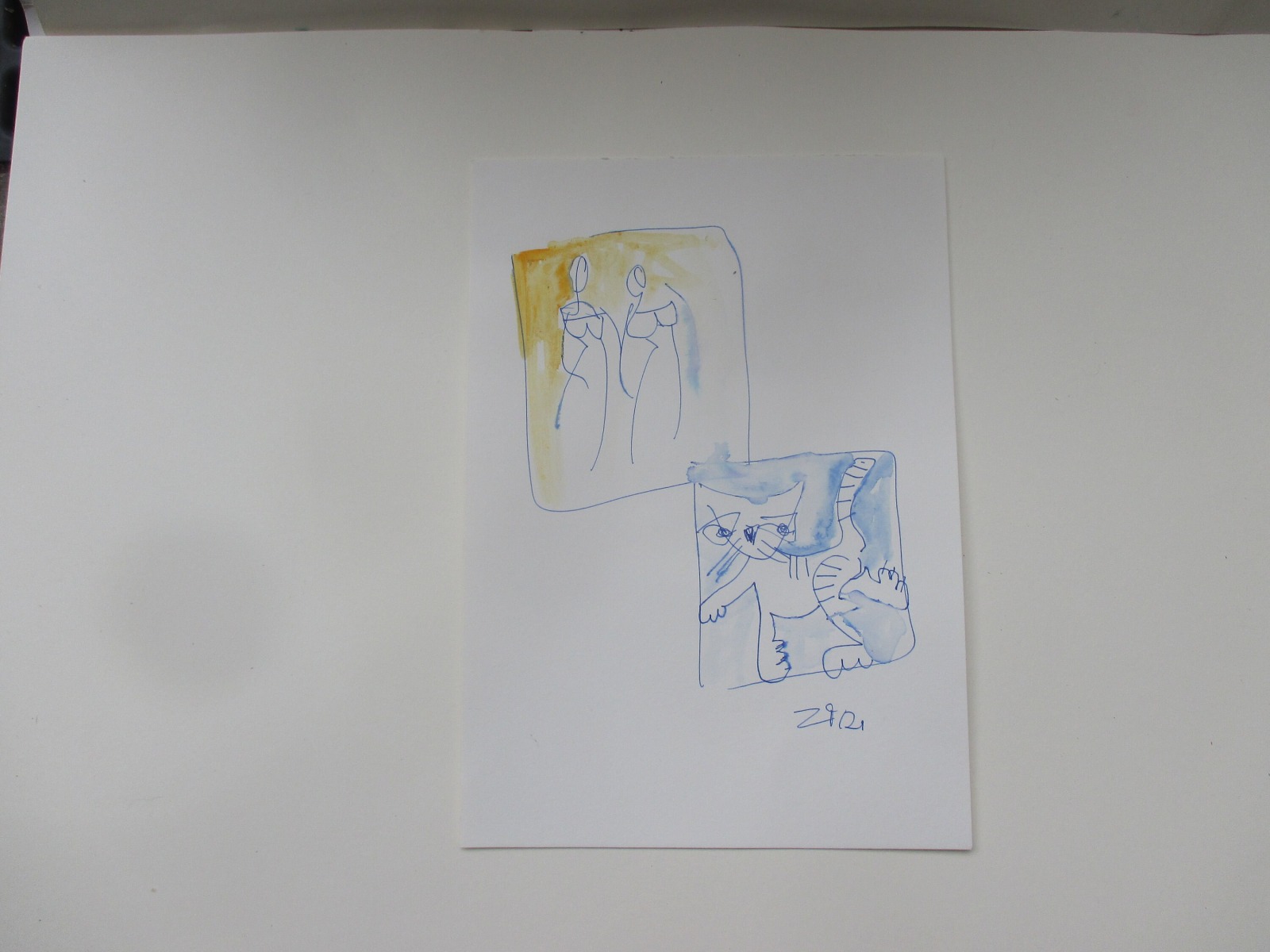 Mädchen und Katze individualisierbar Zeichnung 30x21 Feder-Zeichnung Aquarell 3
