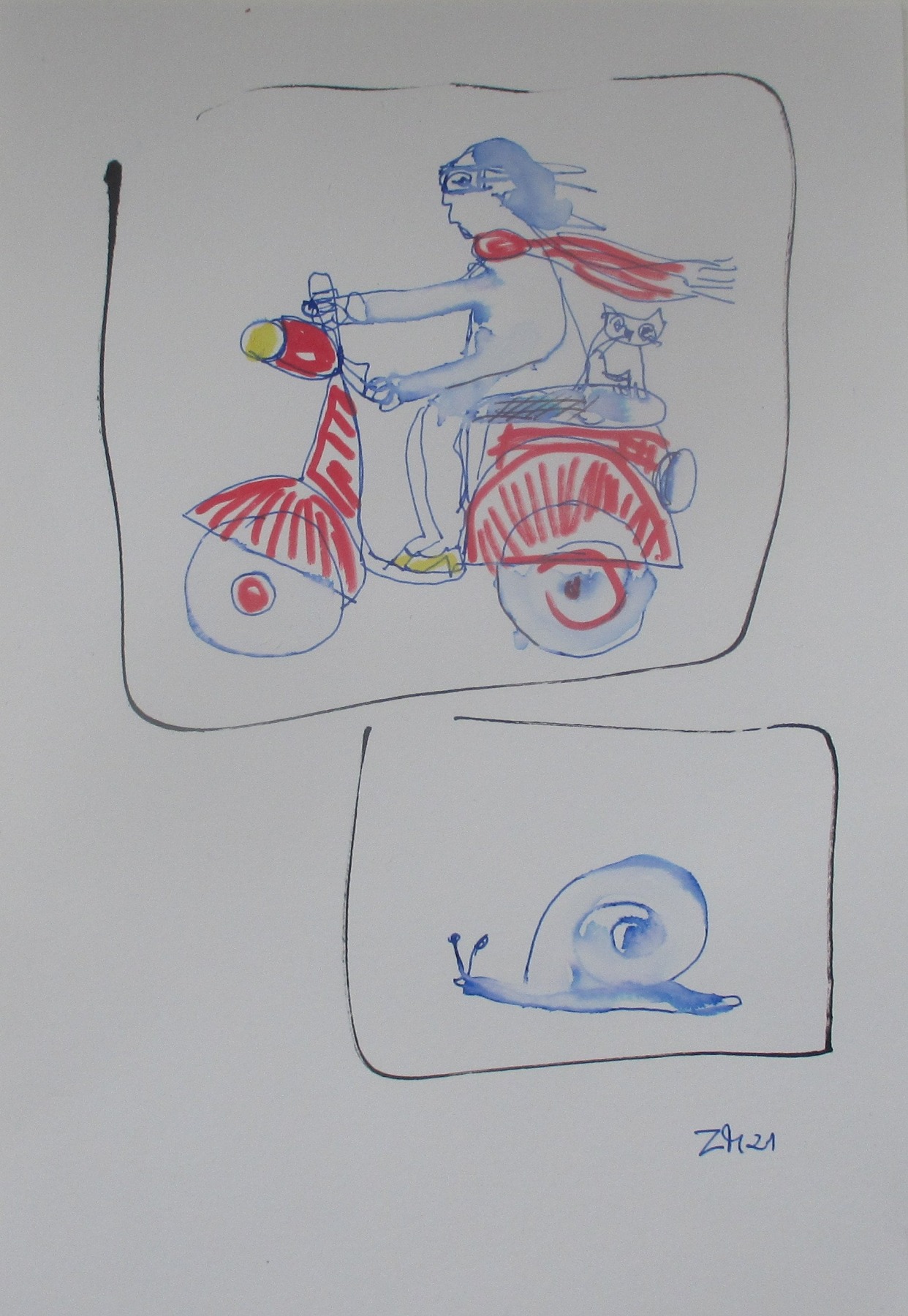 Roller fahren rote Vespa Schnecke - Zeichnung DinA4 original Din A4 Feder-Zeichnung Aquarelle
