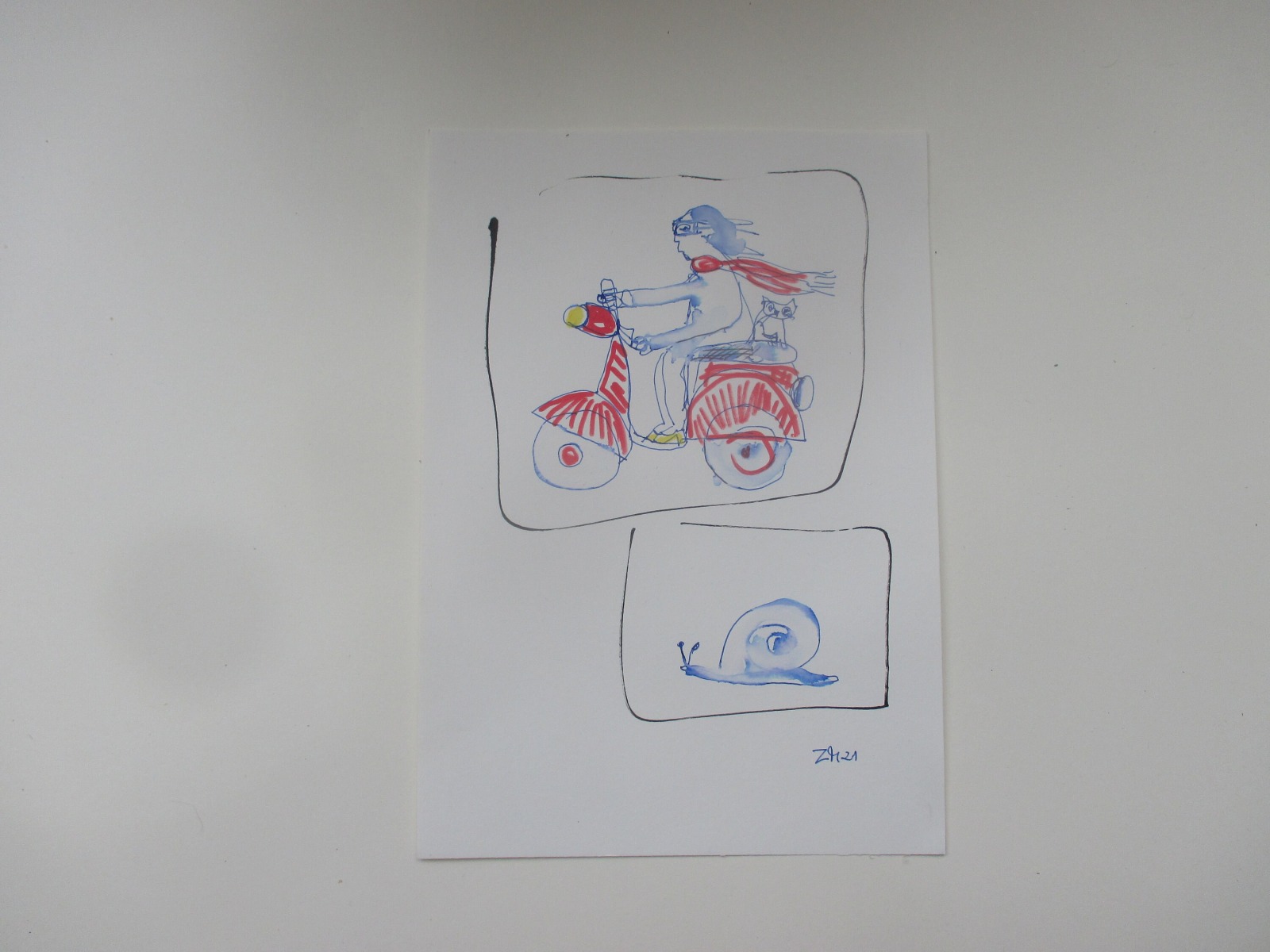Roller fahren rote Vespa Schnecke - Zeichnung DinA4 original Din A4 Feder-Zeichnung Aquarelle 3
