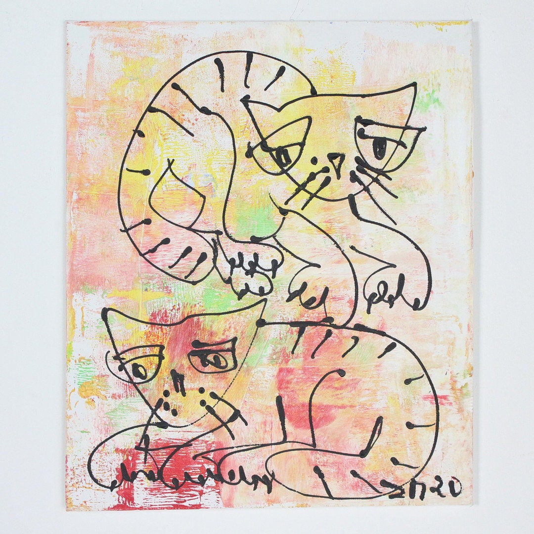 rot gelbe Katzen expressiv gezeichnet 60x50 cm Acrylmalerei Malerei