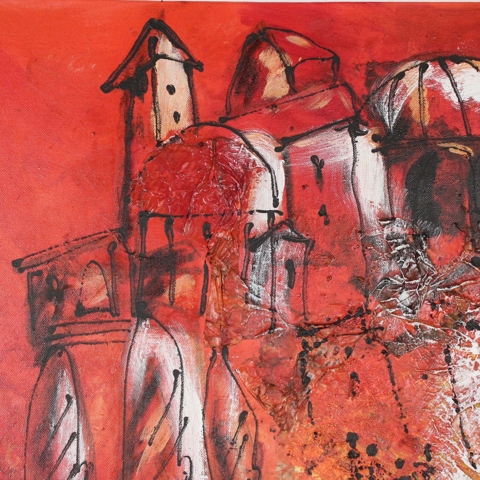 Painting, Art, Toscana, Collage, Red Canvas, Original Drawing by Sonja Zeltner-Müller 3