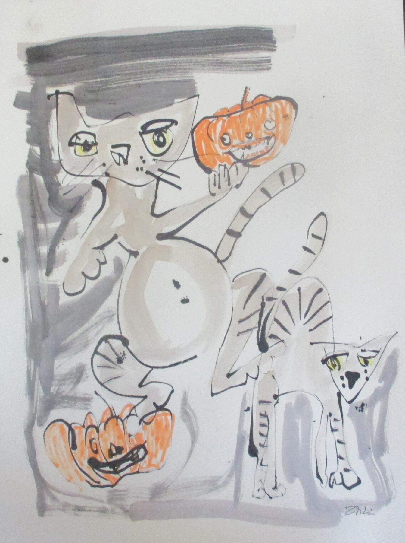 Halloween Katzen expressive Zeichnung Unikat 30x40 Feder-Zeichnung Aquarell Tusche