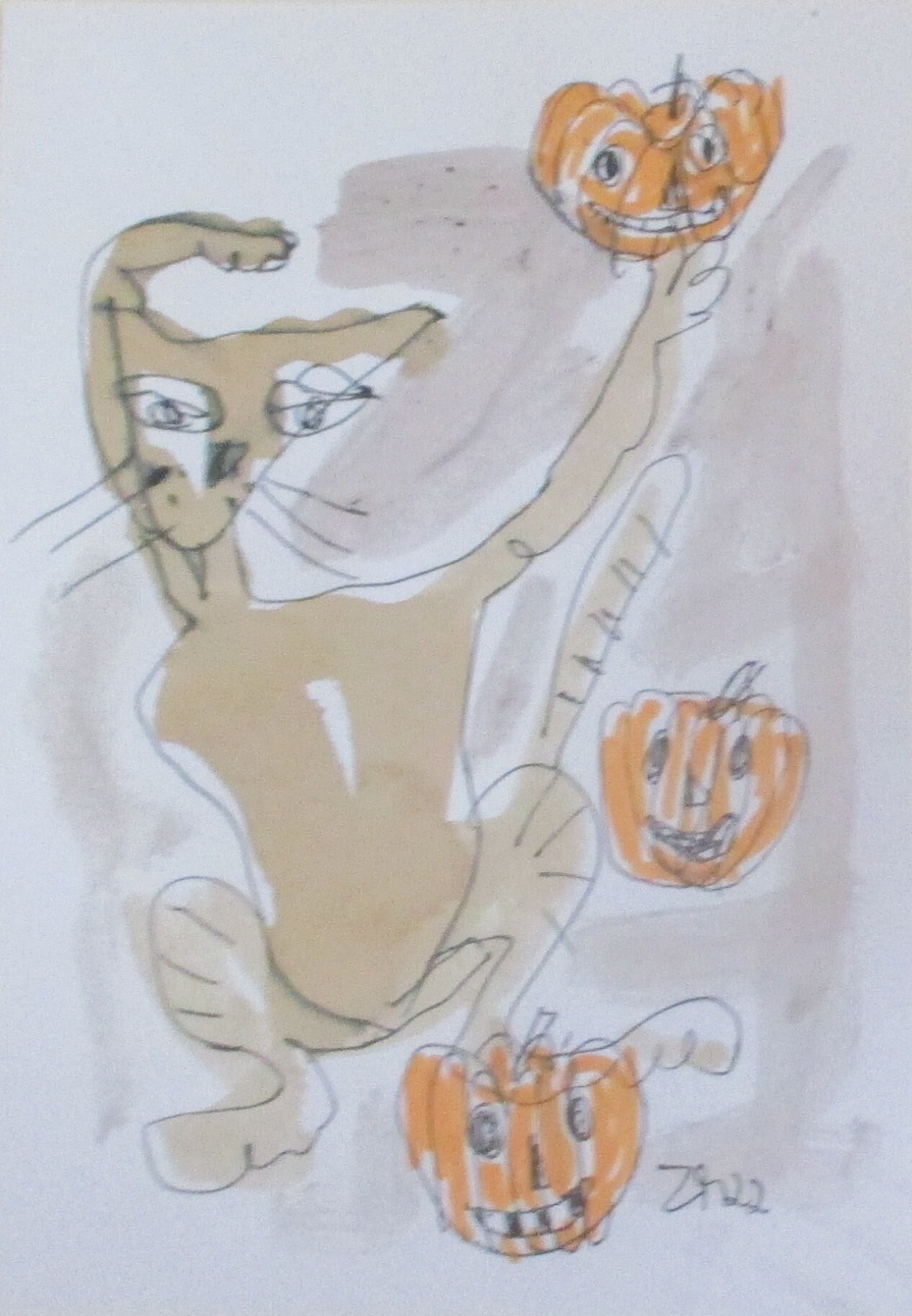 Halloween Cats Katzen mit Kürbissen Original 2 Zeichnungen Kaffee Unikat Tusche Zeichnungen 4