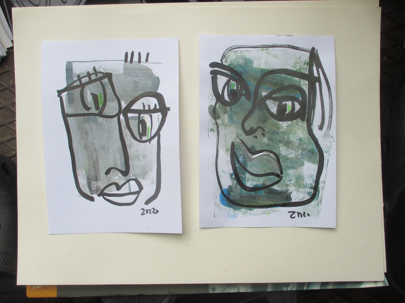 Frauenportraits expressive - 2 Zeichnungen - Tusche Gouache Aquarell 21x14 Dina5 grün silber 4
