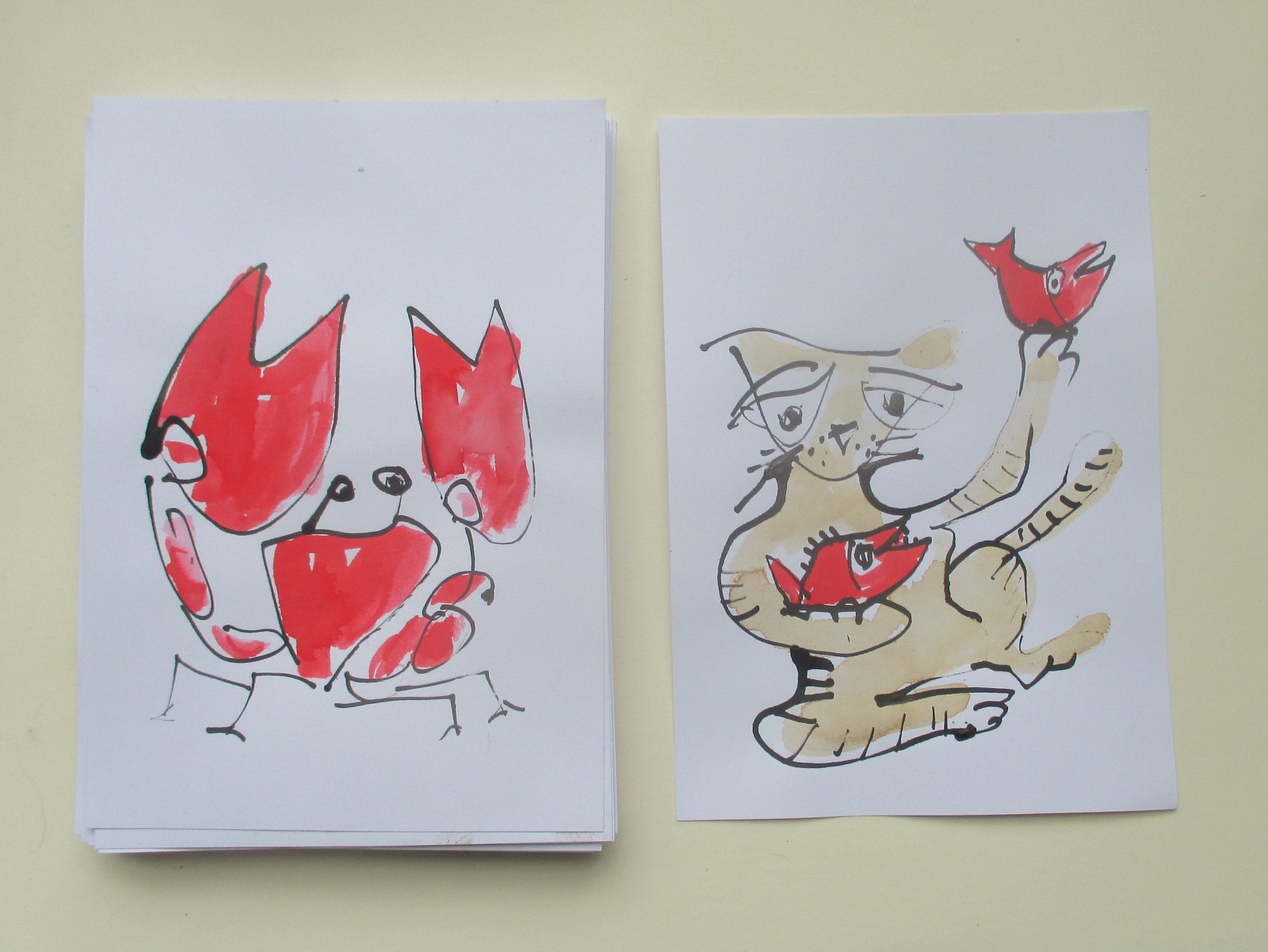 Krebs und Fische 2 Sternzeichen für Kinder als Katzen- Zeichnung- Original Astrologie rot Tusche
