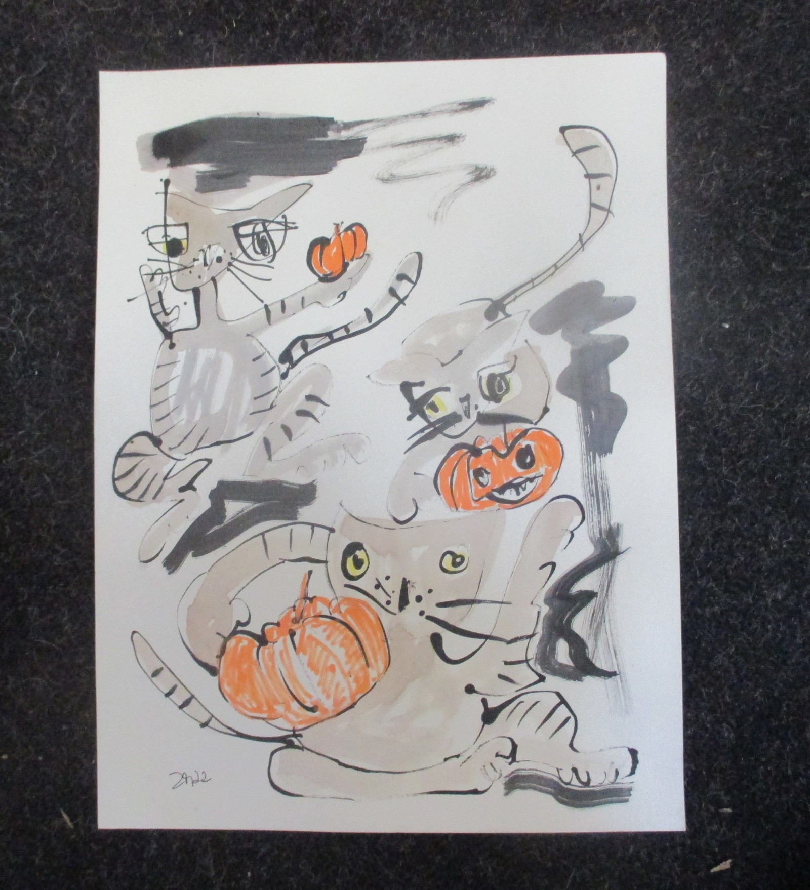 Halloween Katzen expressive Zeichnung Unikat 30x40 Feder-Zeichnung Aquarell Tusche 2