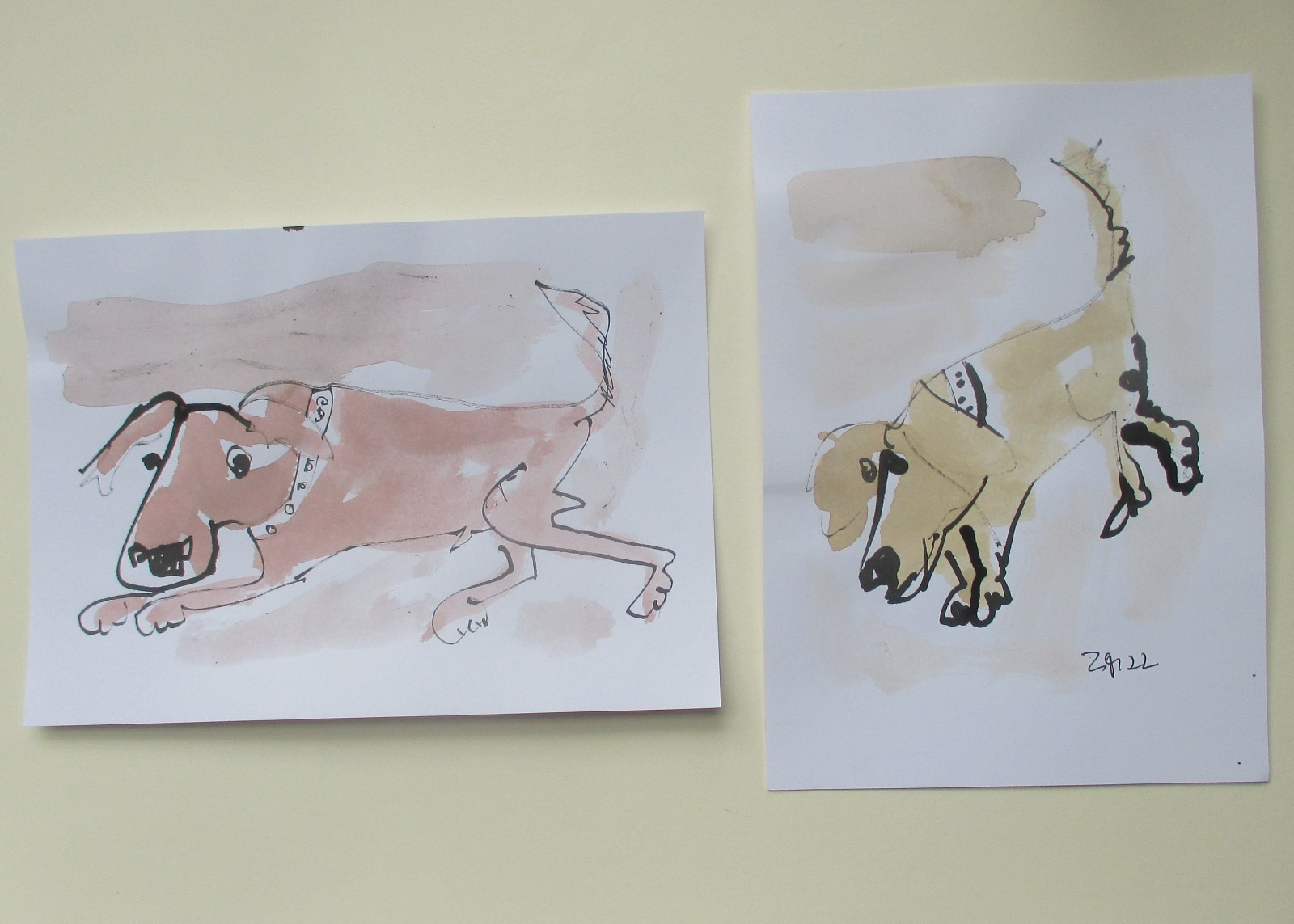 Bulli und Bobtail 2 Zeichnungen Original Tusche Gouache Tier Hunde Aquarell 21x14 DinA5 7