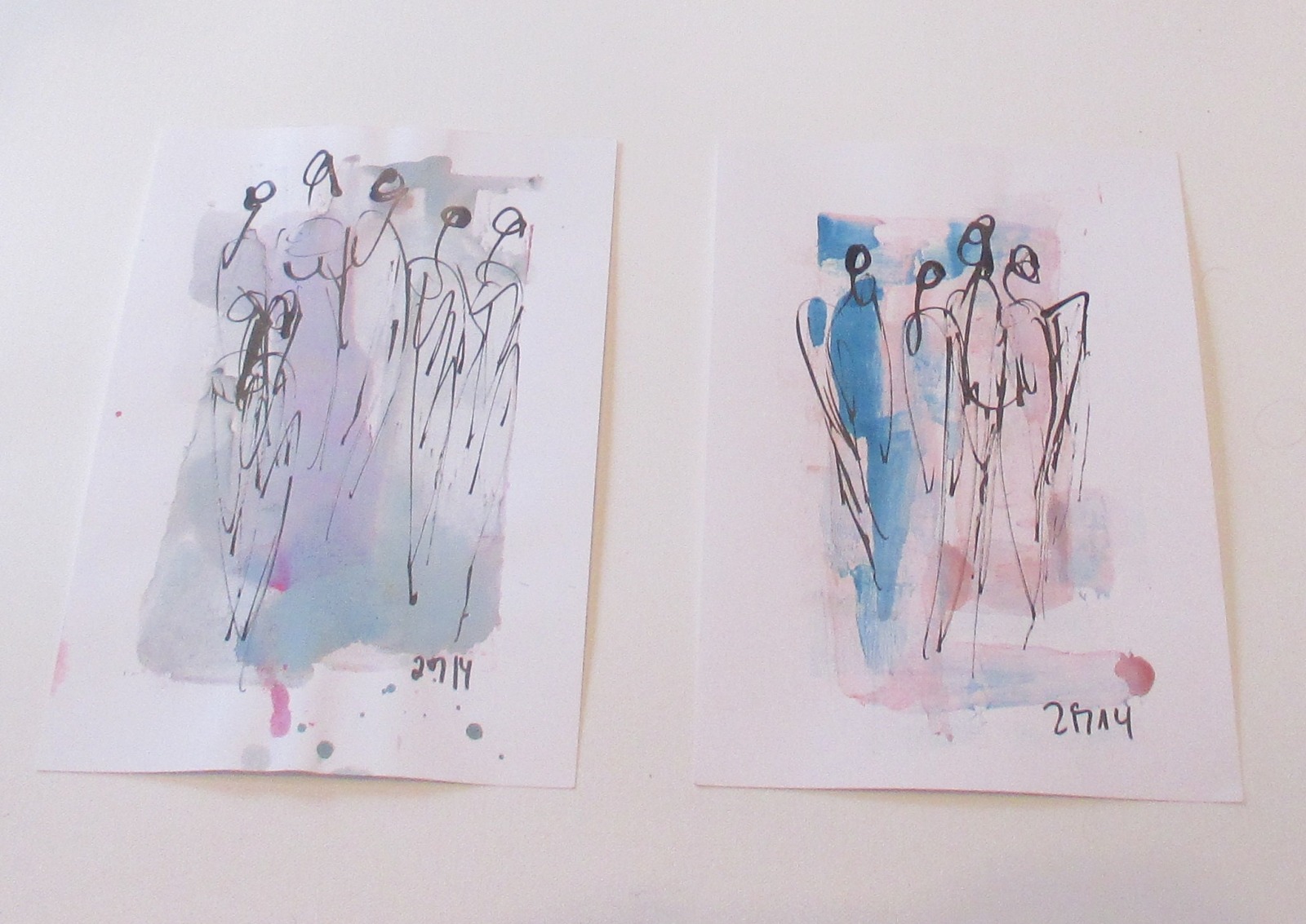 Engel und Frauen Pastell blau rose 2 x 30x21 Original Feder-Zeichnungen Aquarell Tusche 2