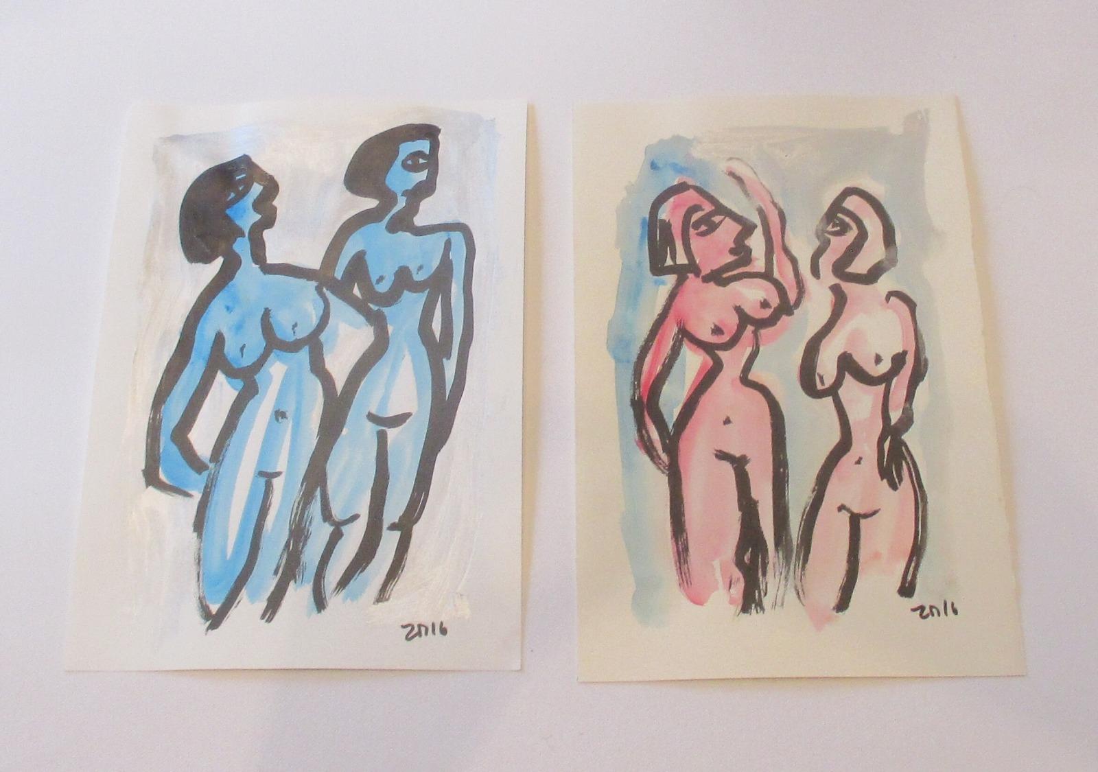 expressive Akte - 2 Original Zeichnungen auf Künstlerpapier 2 Frauen - farbige Tuschen