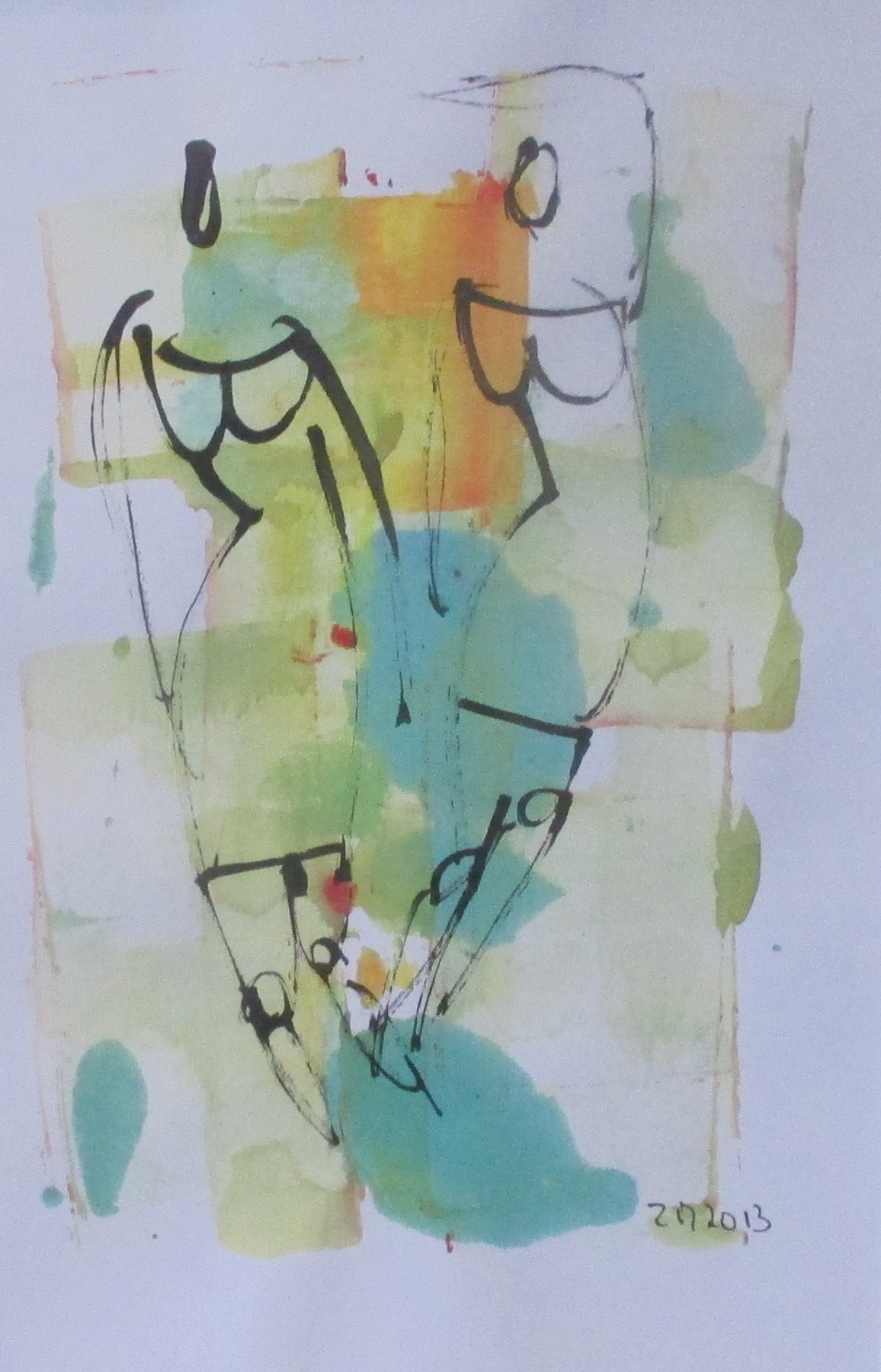 kleine grüne Tänzerinnen Original Zeichnung auf Künstlerpapier - 32x24cm in PP 30x40 mit