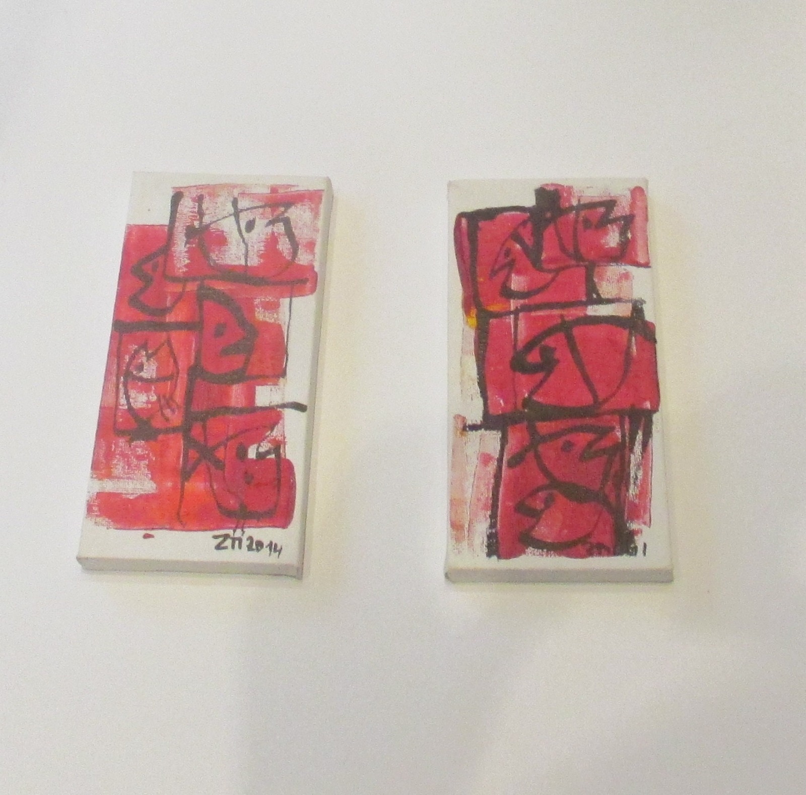 rote Fische 2 Original-Zeichnungen Acryl auf Leinwand 2x 20x10x2cm 6