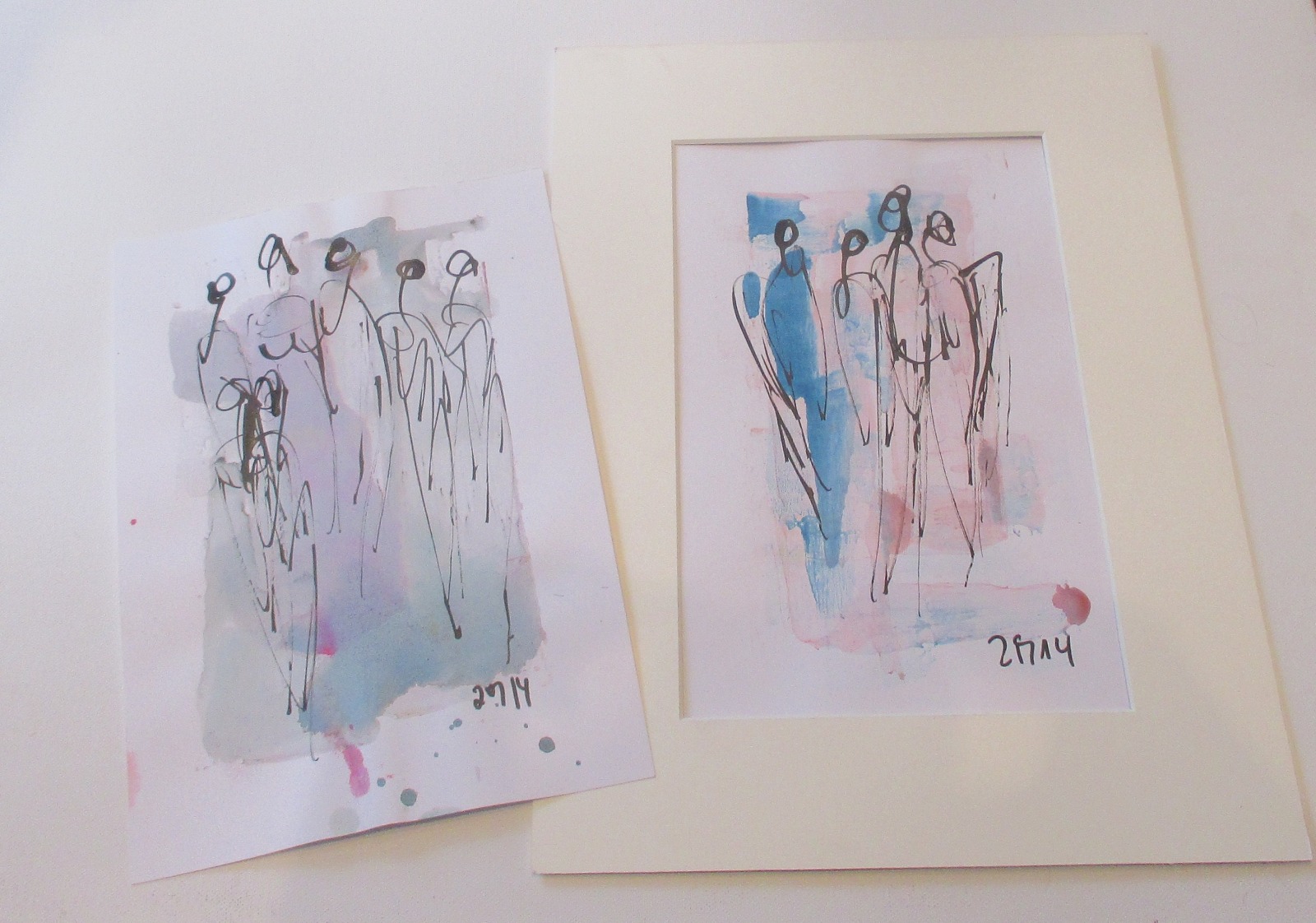 Engel und Frauen Pastell blau rose 2 x 30x21 Original Feder-Zeichnungen Aquarell Tusche 4