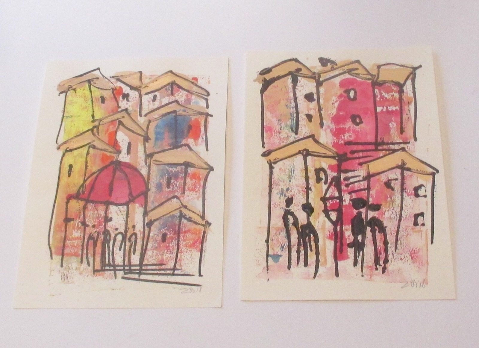 2 x Italien Stadtszenen urban sketch Urlaubsszenen mit Kaffee und Gouache - farbintensiv und